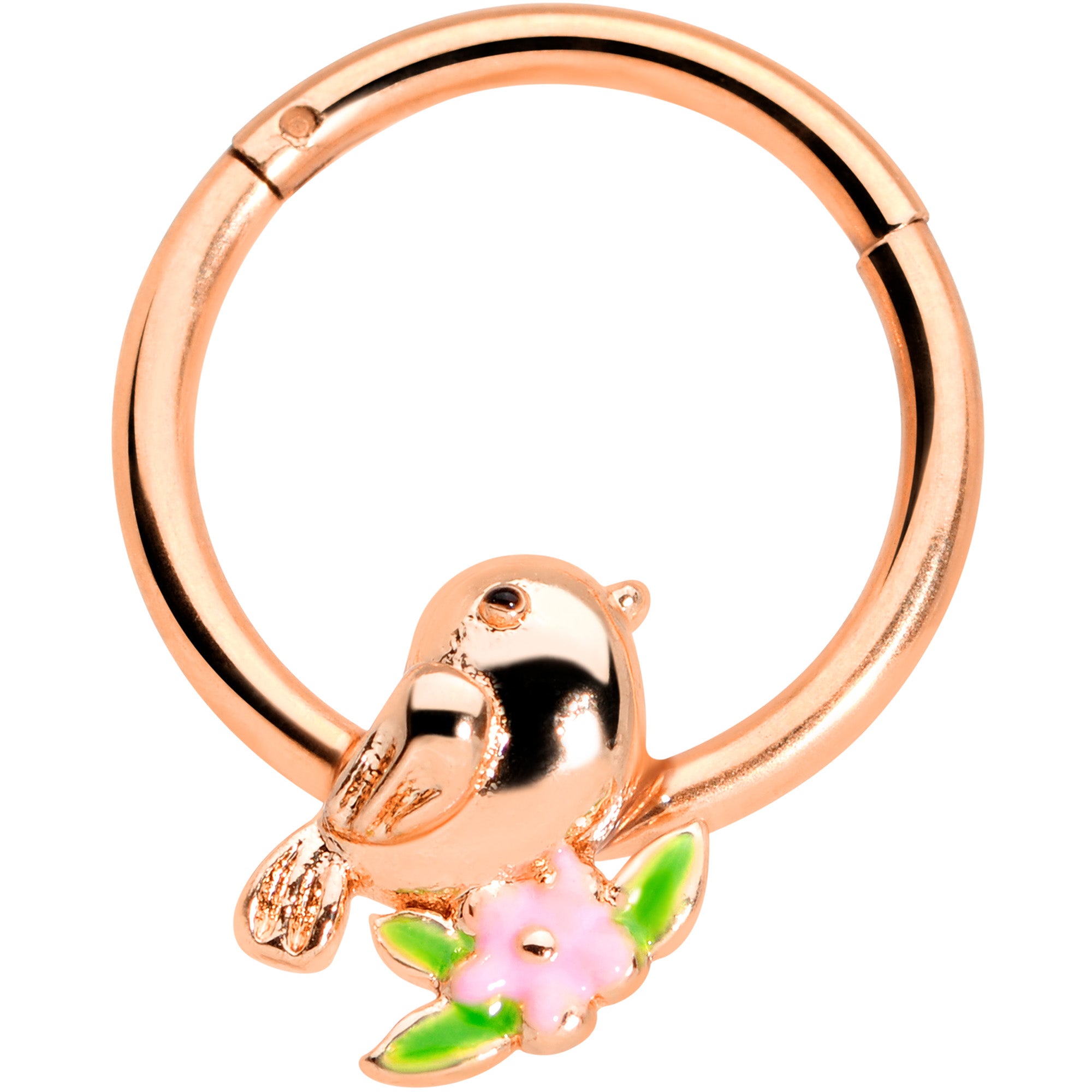 16 Gauge 3/8 Rose Gold Tone Bird Pink Flower Hinged Segment Ring