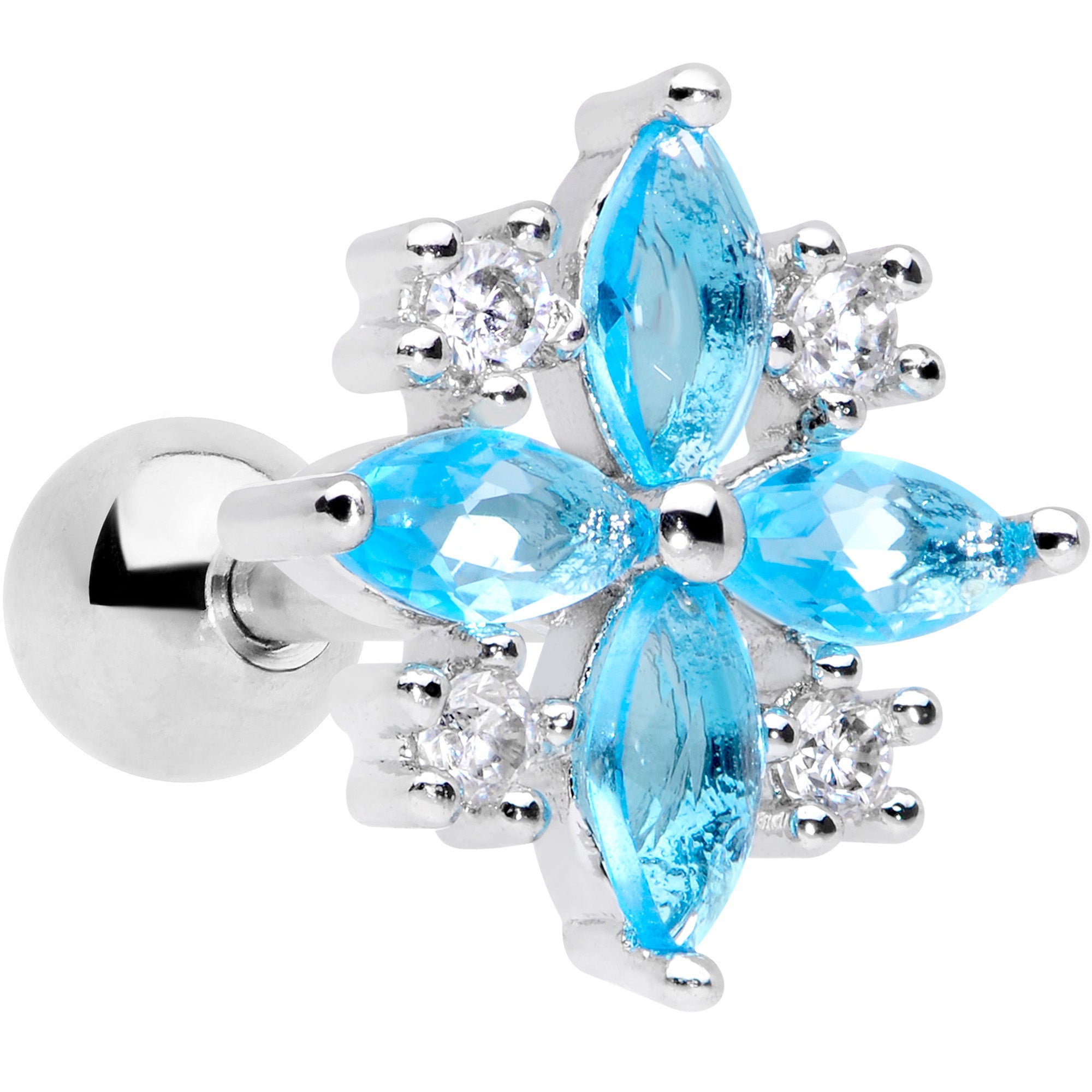 16 Gauge 1/4 Clear Aqua CZ Gem Star Burst Cartilage Tragus