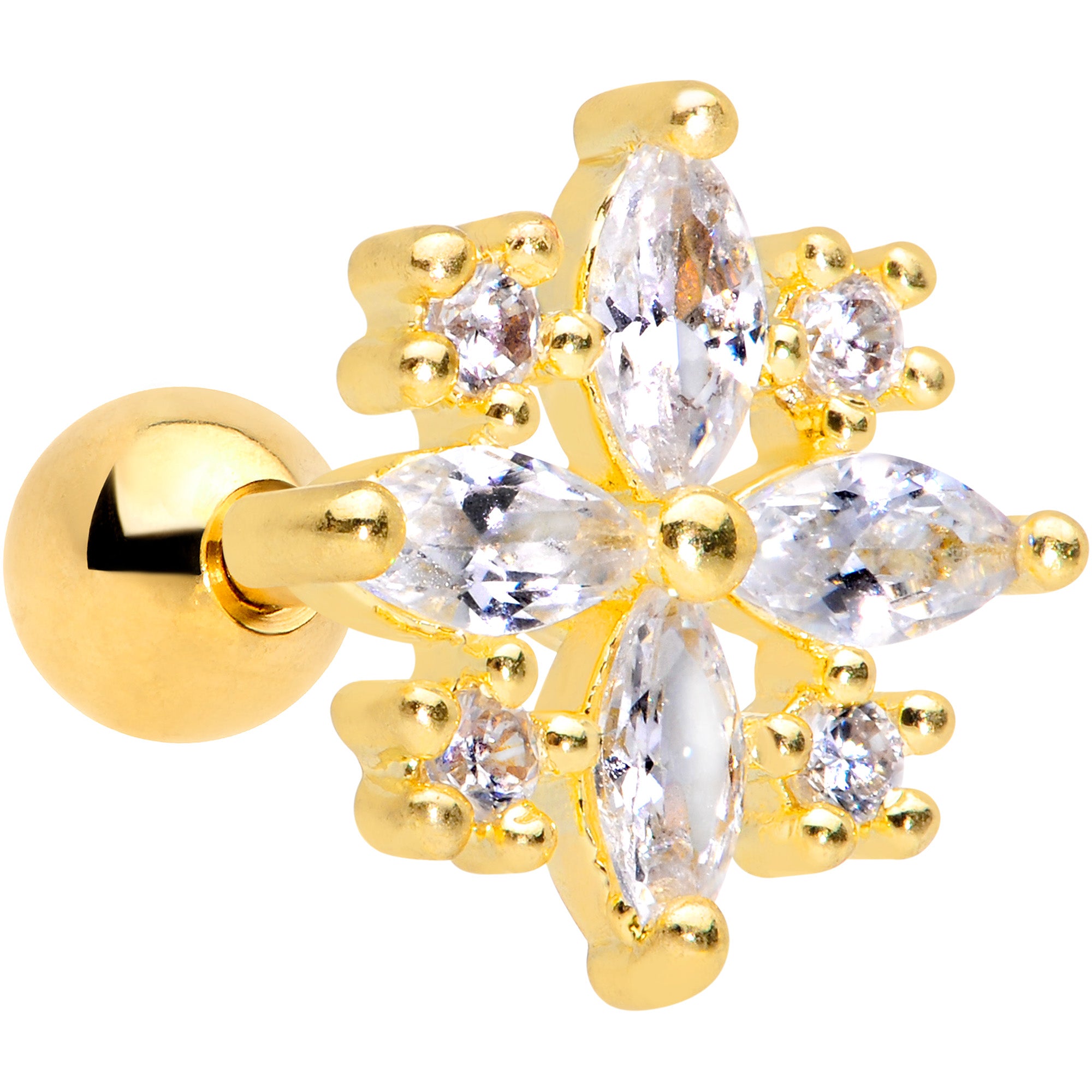 16 Gauge 1/4 Clear CZ Gem Gold Tone Star Burst Cartilage Tragus