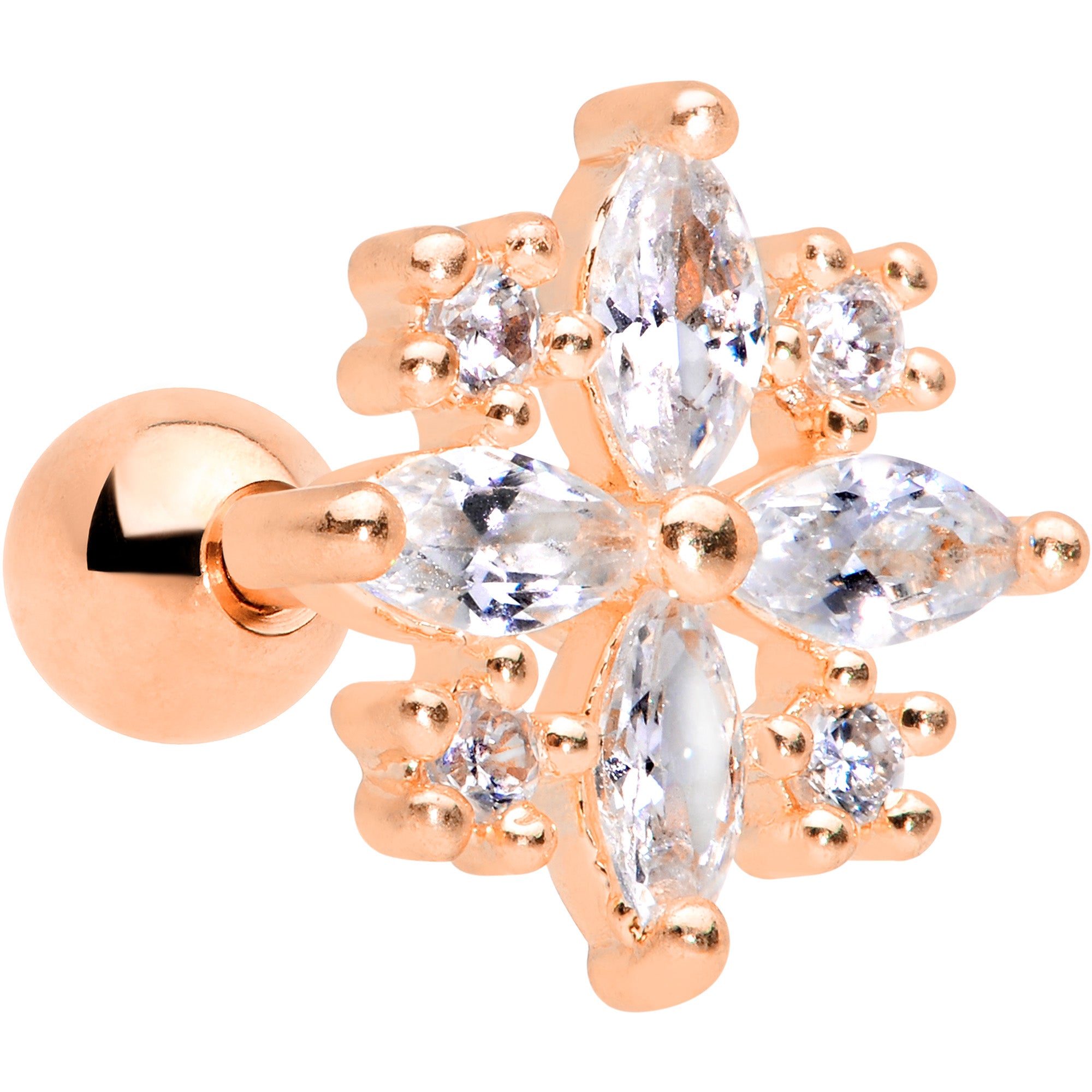 16 Gauge 1/4 Clear CZ Gem Rose Gold Tone Star Burst Cartilage Tragus