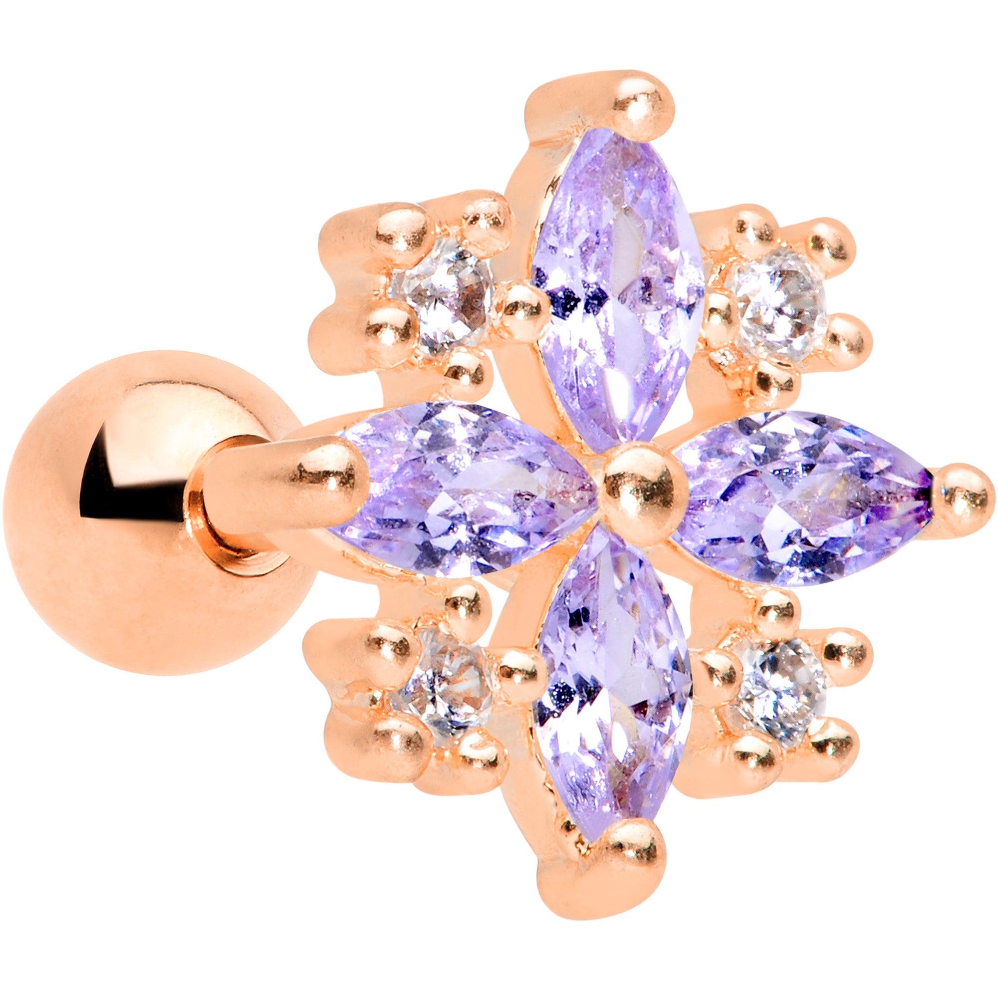 16 Gauge 1/4 Purple CZ Gem Rose Gold Tone Star Burst Cartilage Tragus