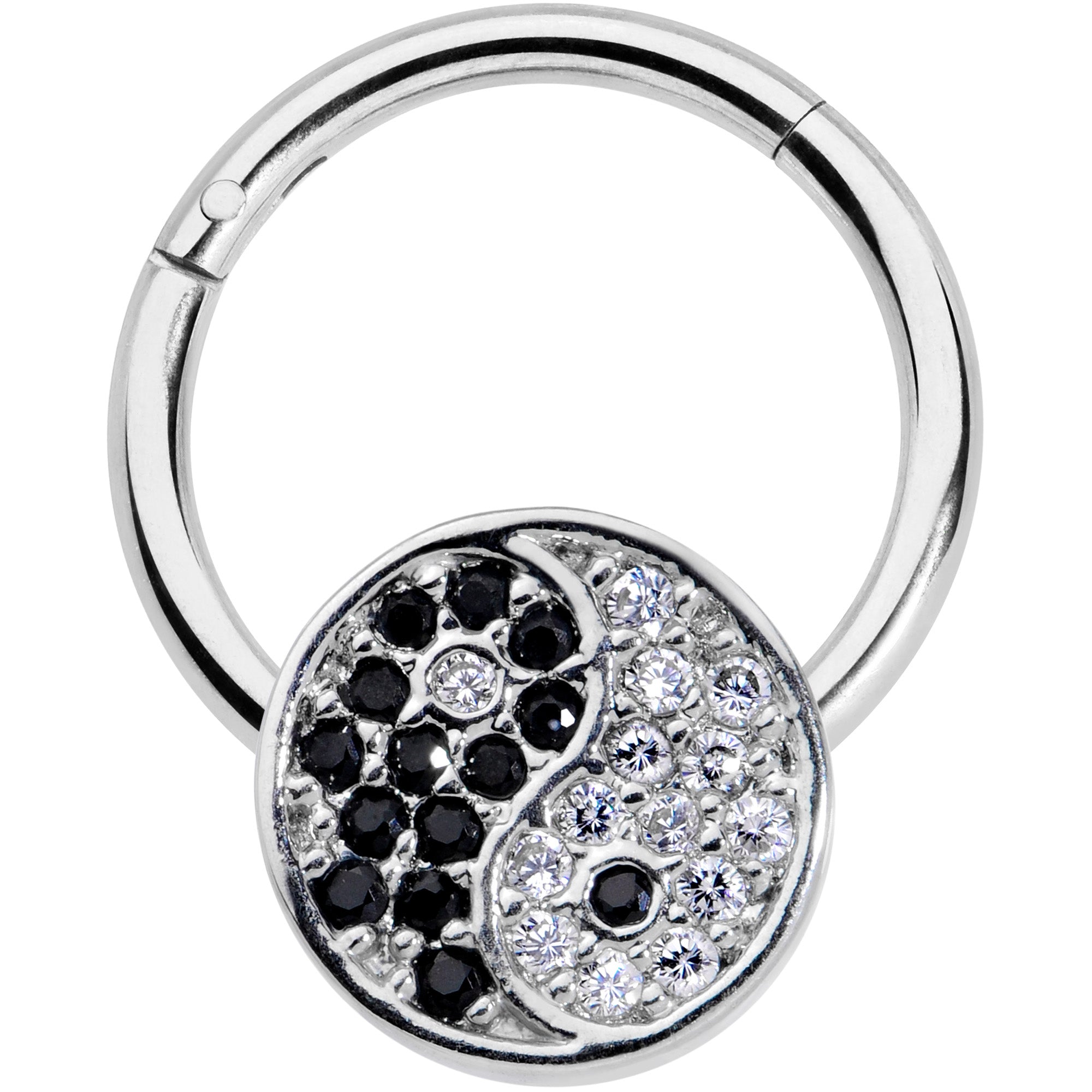 16 Gauge 3/8 Clear Black CZ Gem Yin Yang Hinged Segment Ring