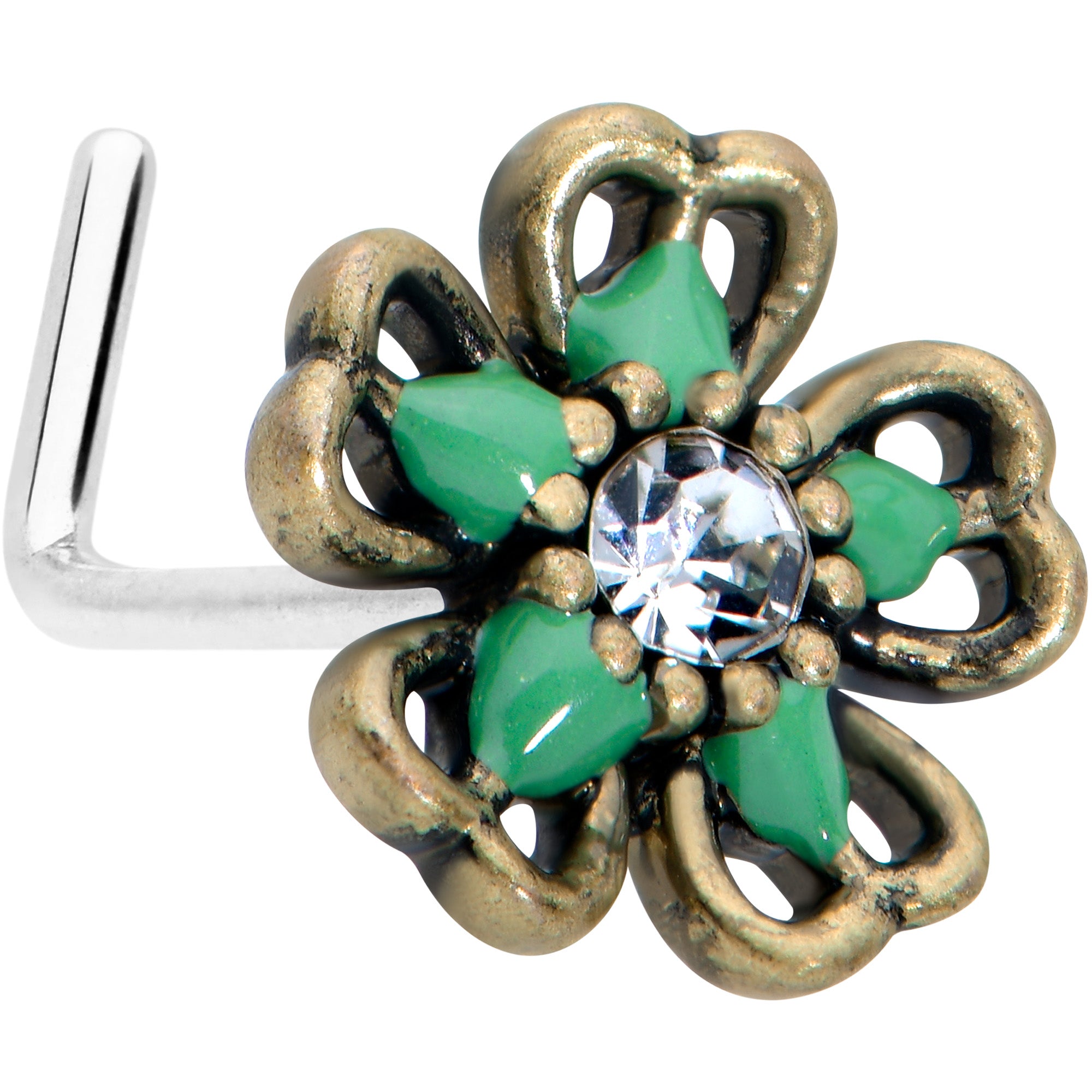 20 Gauge 7.5mm Gold Tone Green Flower St Patrick Day L Shape Nose Ring