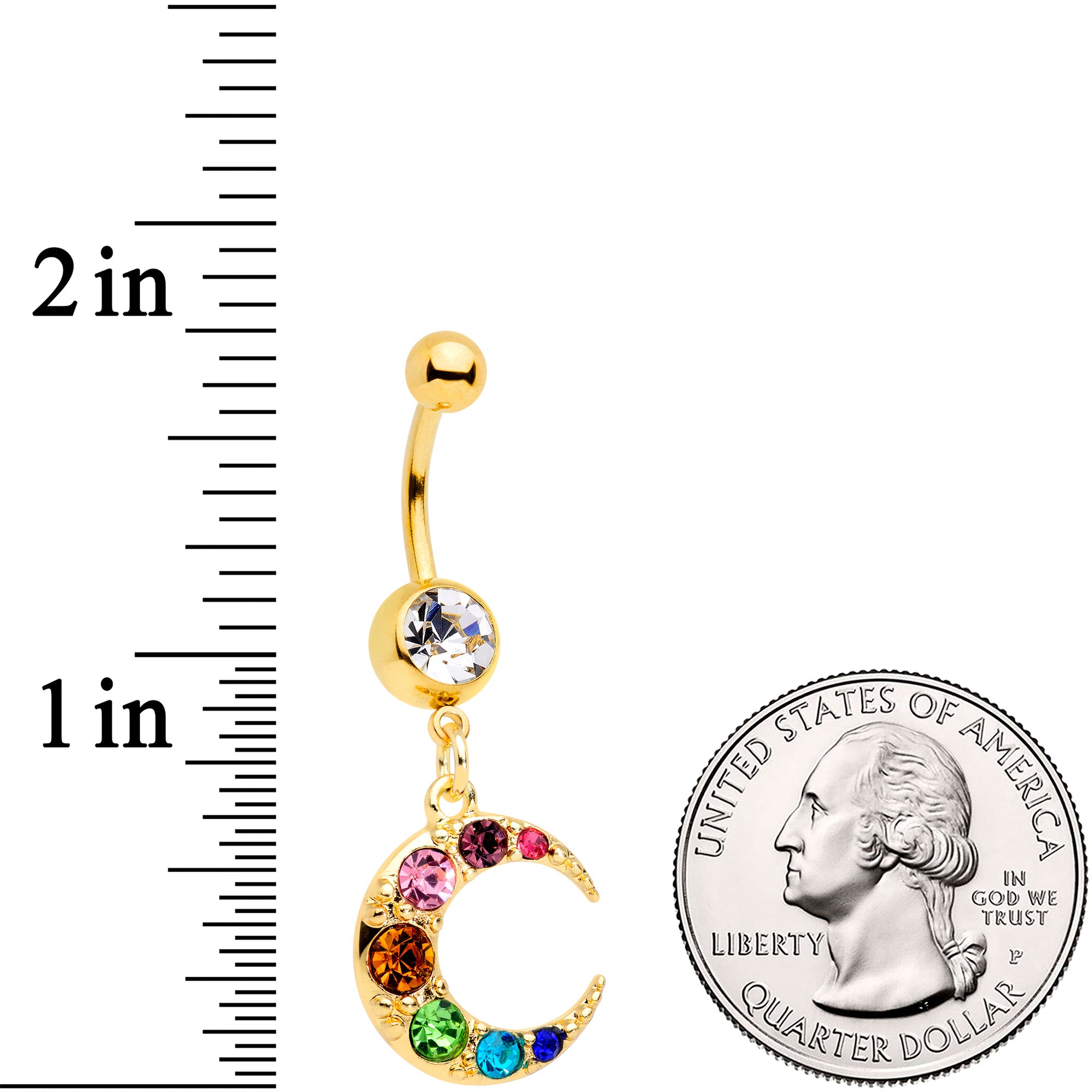 Rainbow Gem Gold Tone Crescent Moon Dangle Belly Ring