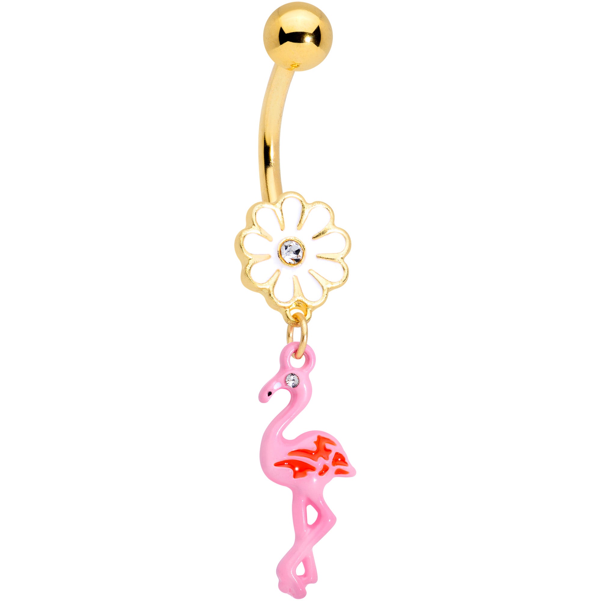 Clear Gem Gold Tone Flower Flamingo Dangle Belly Ring