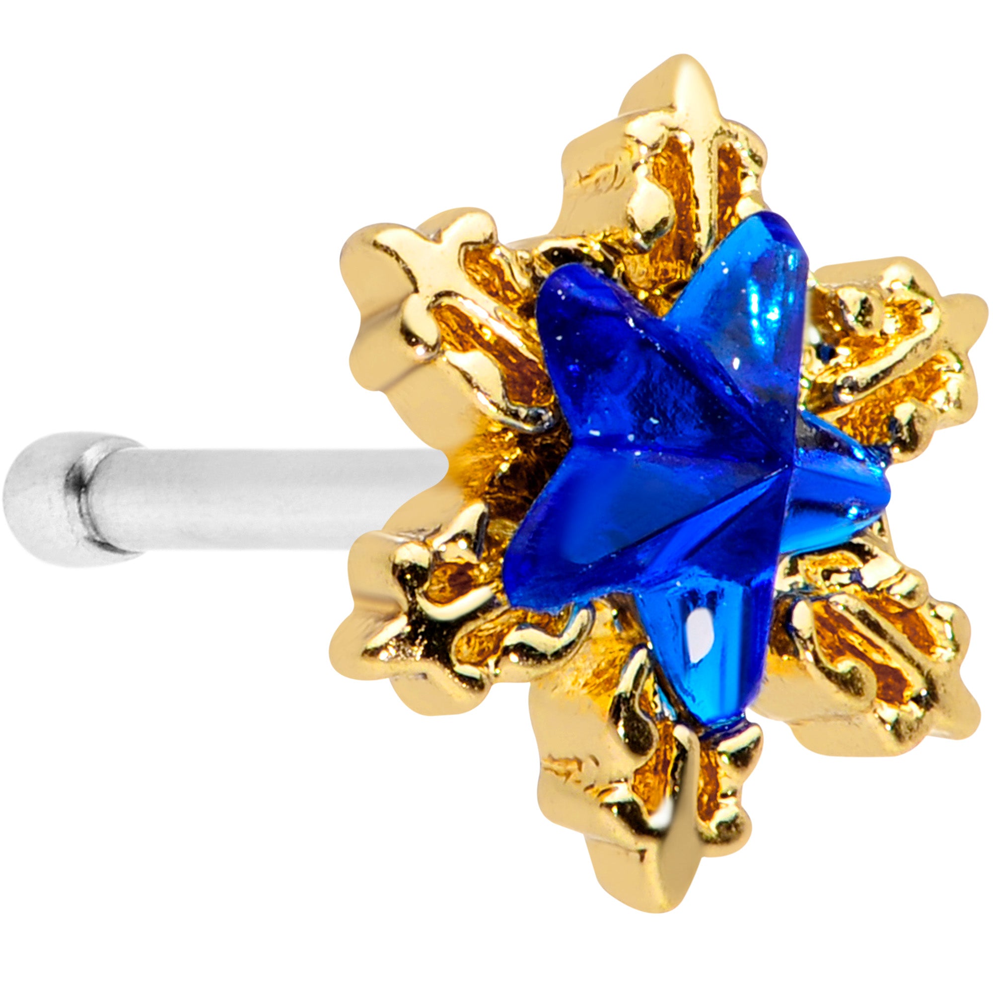 20 Gauge 7mm Blue Gem Gold Tone Star Nose Bone