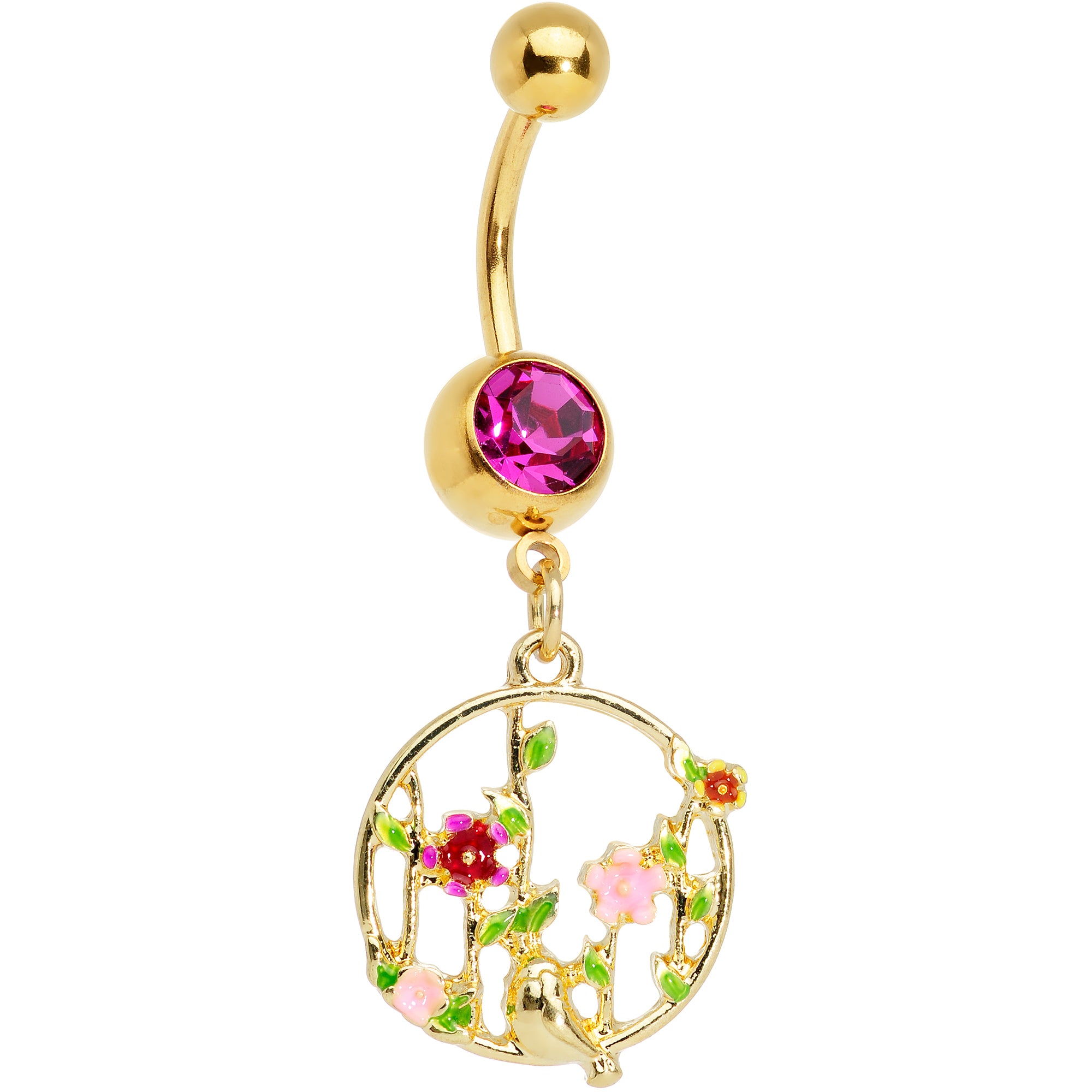 Pink Gem Gold Tone Floral Circle Dangle Belly Ring