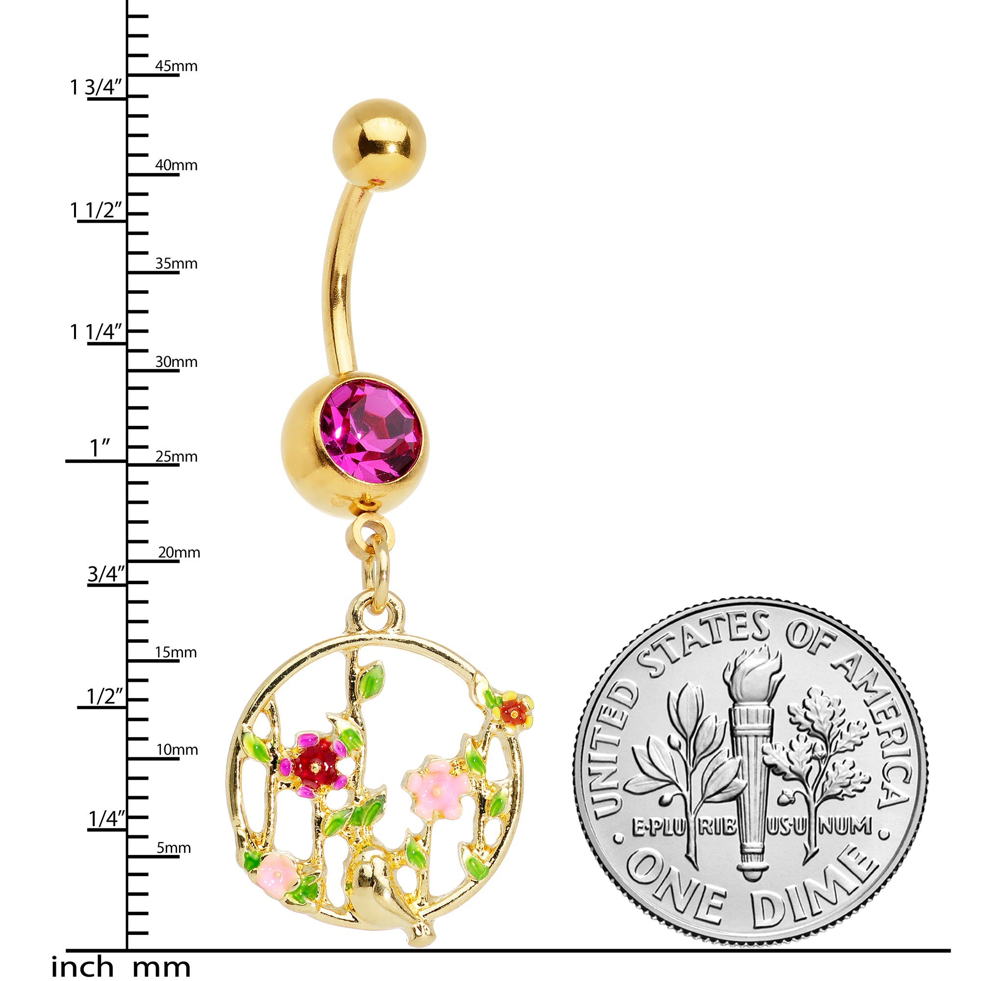 Pink Gem Gold Tone Floral Circle Dangle Belly Ring