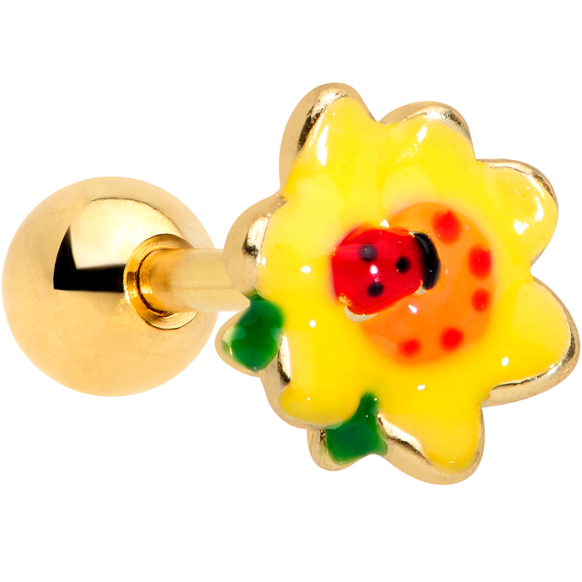 16 Gauge 1/4 Gold Tone Sunny Flower Ladybug Cartilage Tragus