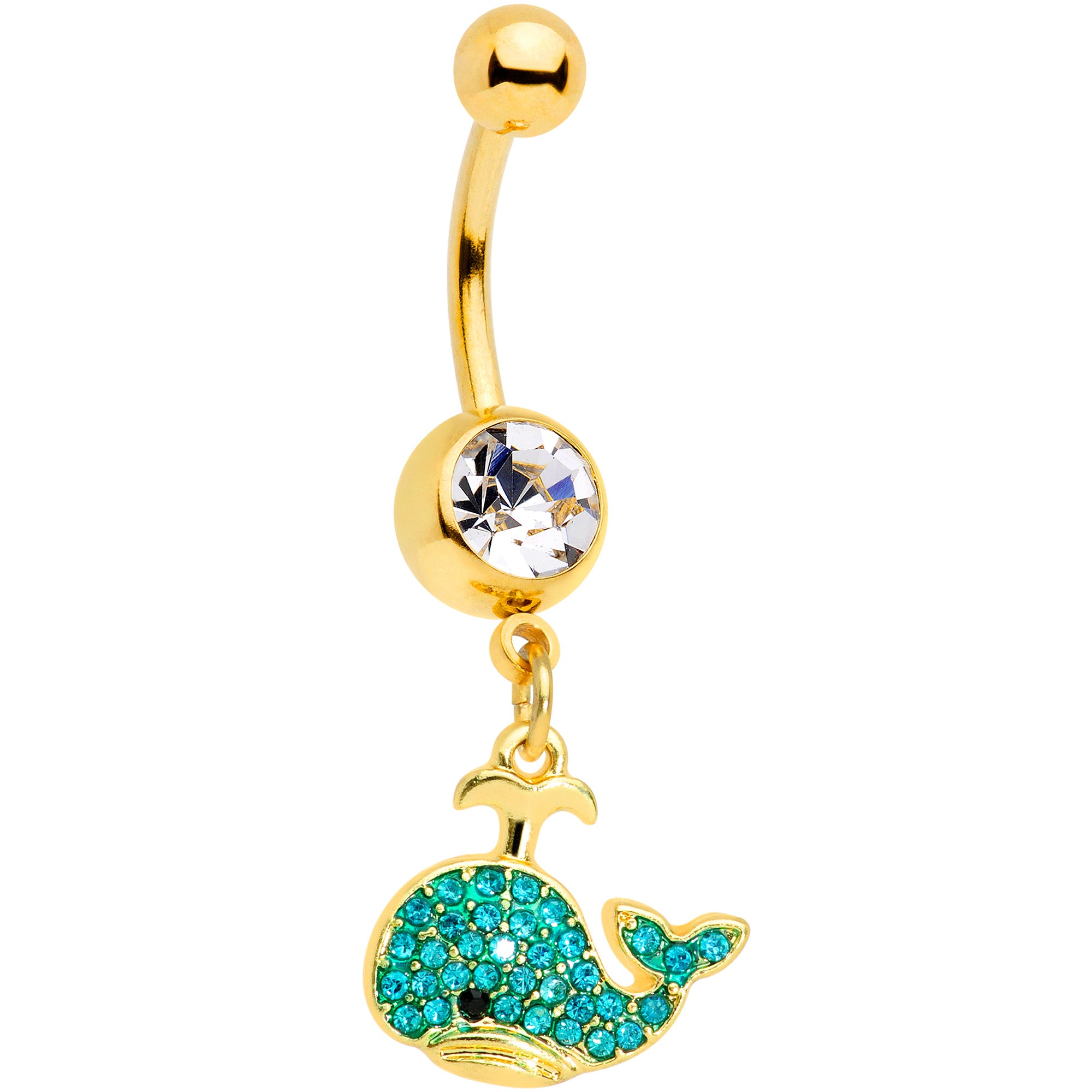 Clear Aqua Gem Gold Tone What A Whale Dangle Belly Ring