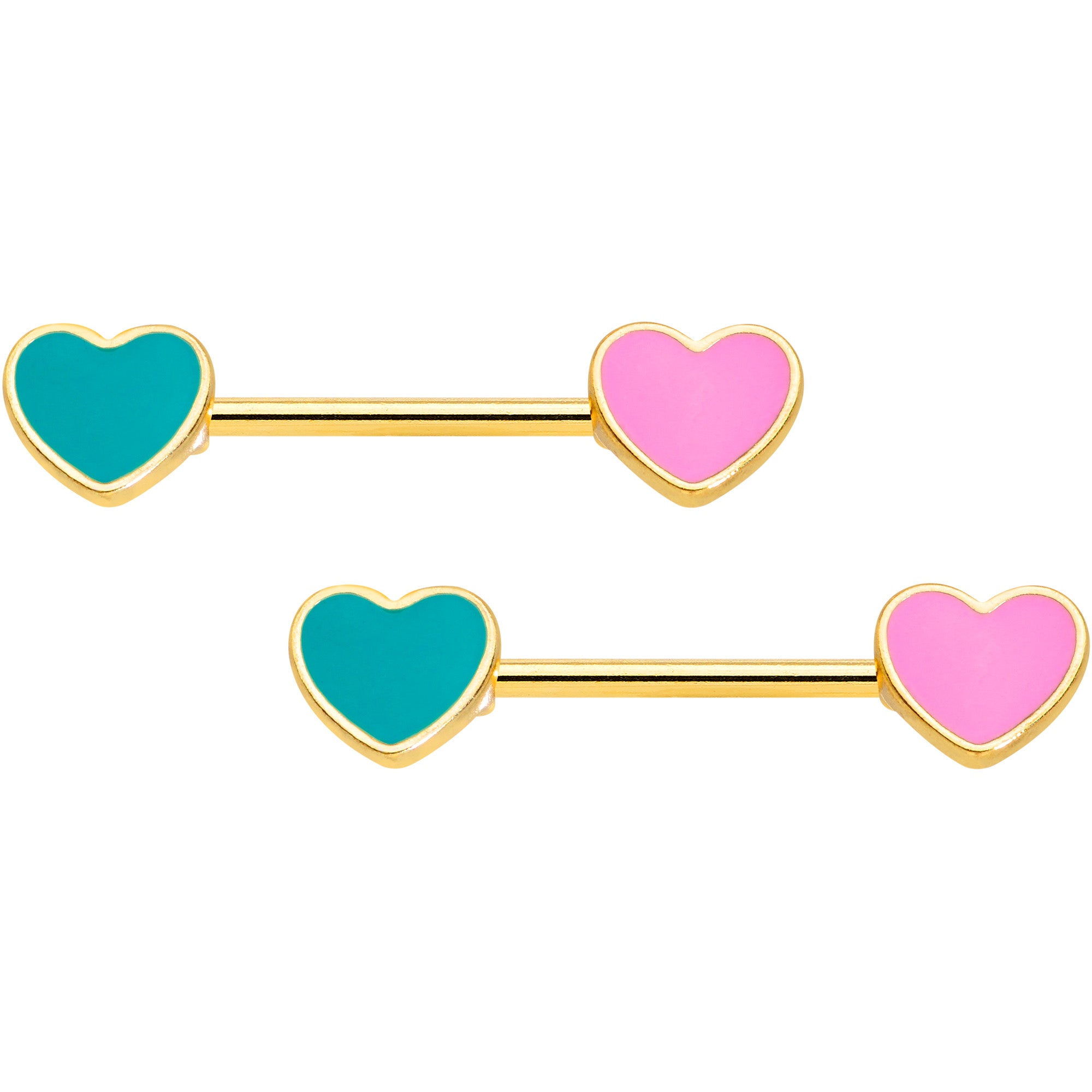 14 Gauge 9/16 Gold Tone Pink Teal Heart Valentines Day Nipple Ring Set