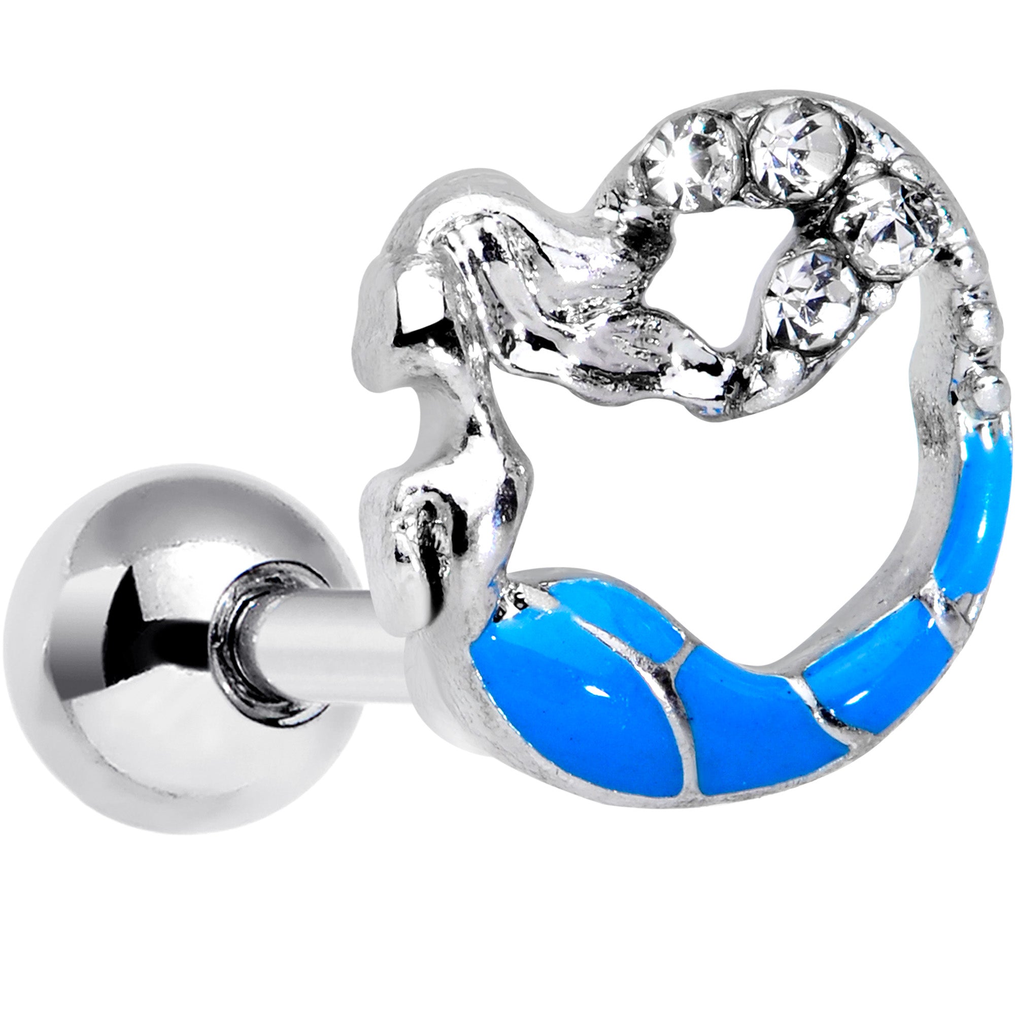 16 Gauge 1/4 Clear Gem Blue Curved Mermaid Cartilage Tragus