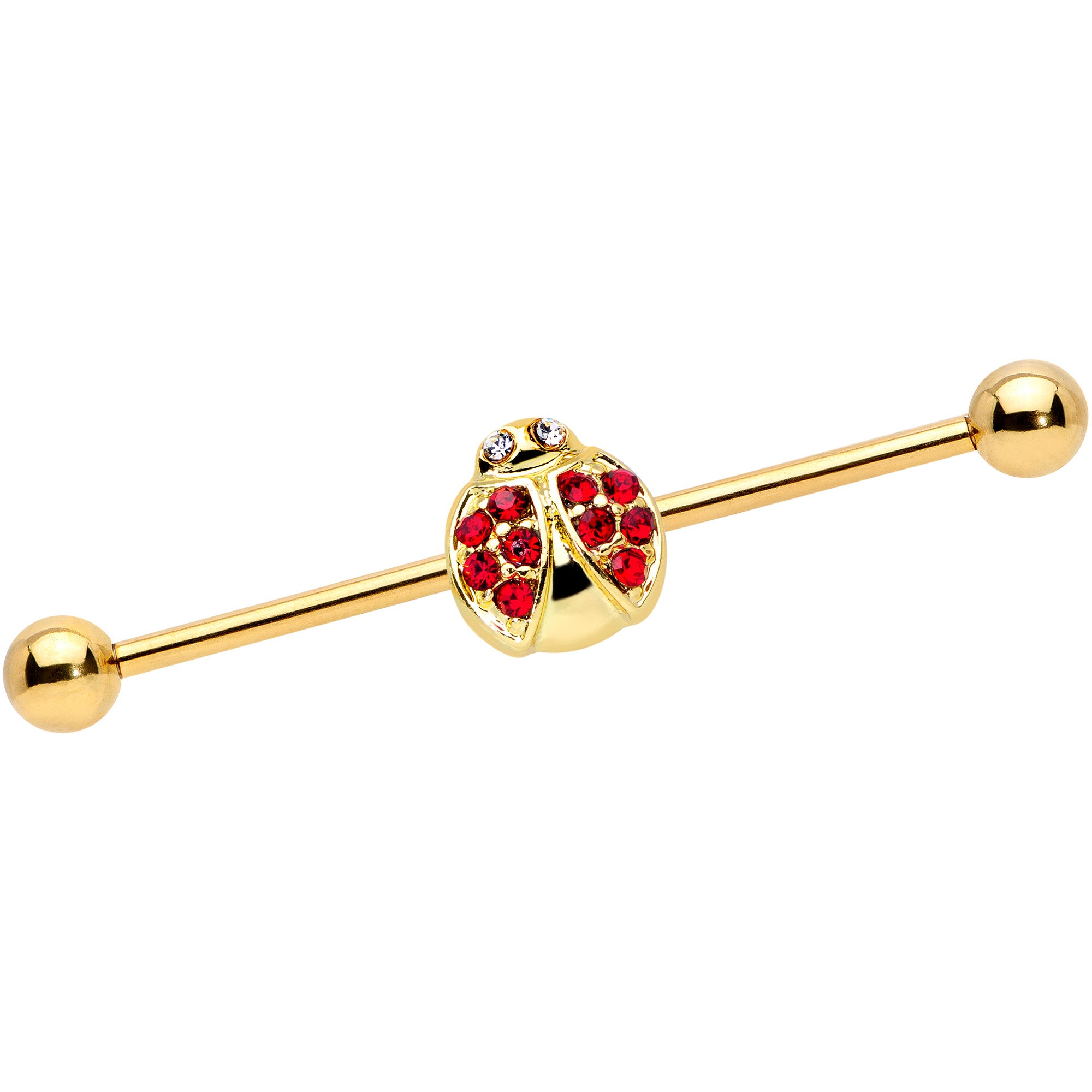 14 Gauge Red Gem Gold Tone Ladybug Industrial Barbell 38mm