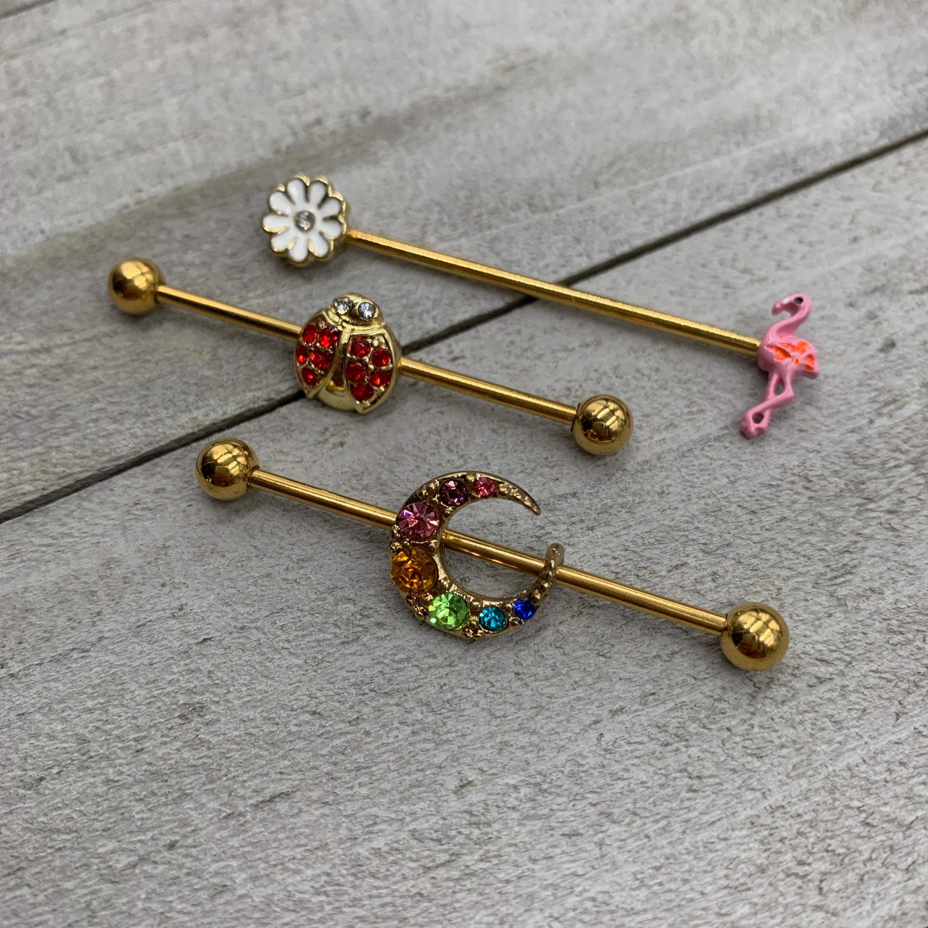 14 Gauge Red Gem Gold Tone Ladybug Industrial Barbell 38mm