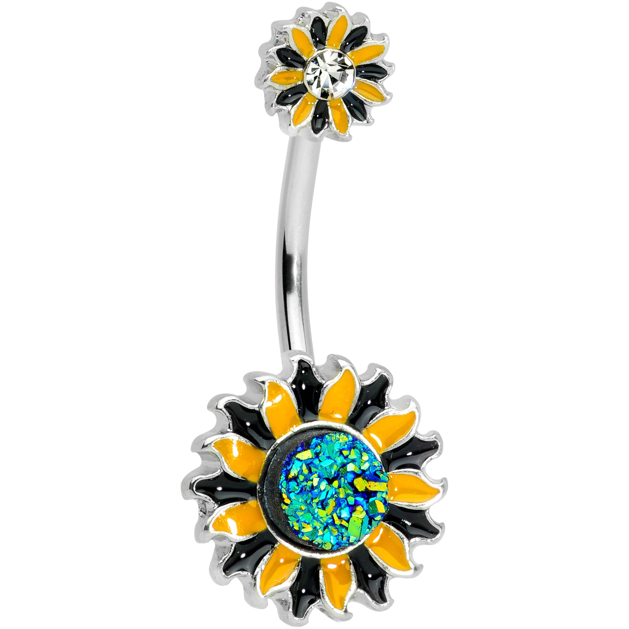 Clear Gem Blue Faux Druzy Yellow Sunflower Double Mount Belly Ring