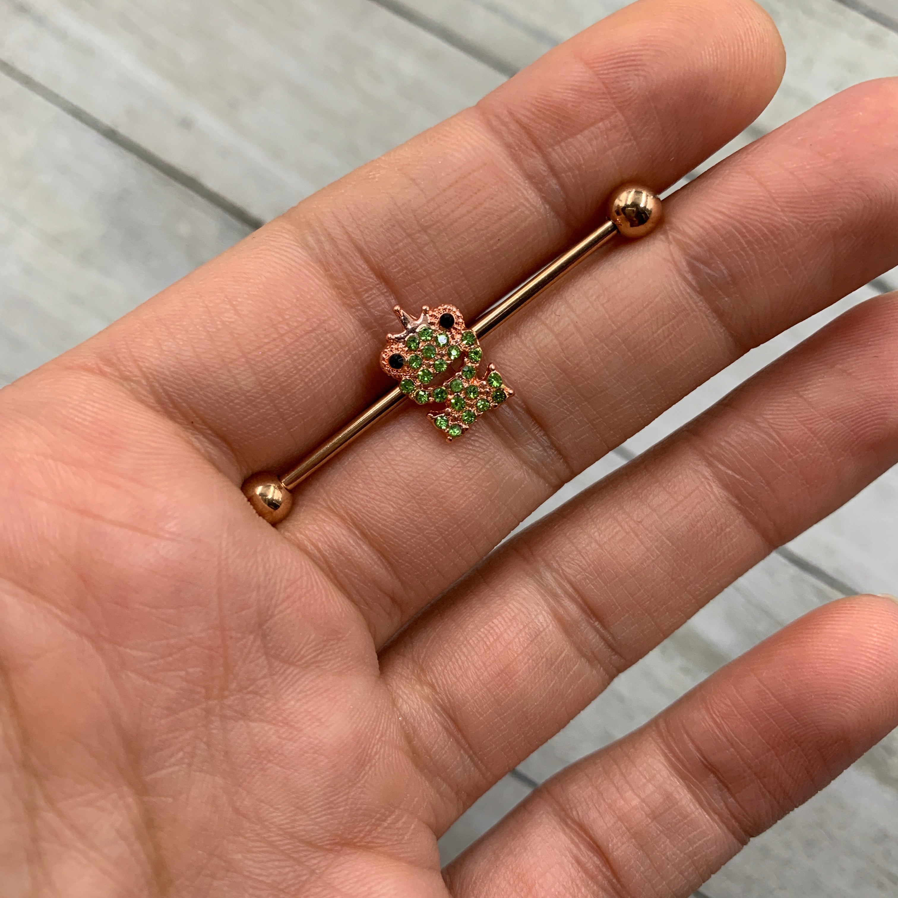 14 Gauge Green Gem Rose Gold Tone Royal Frog Industrial Barbell 38mm