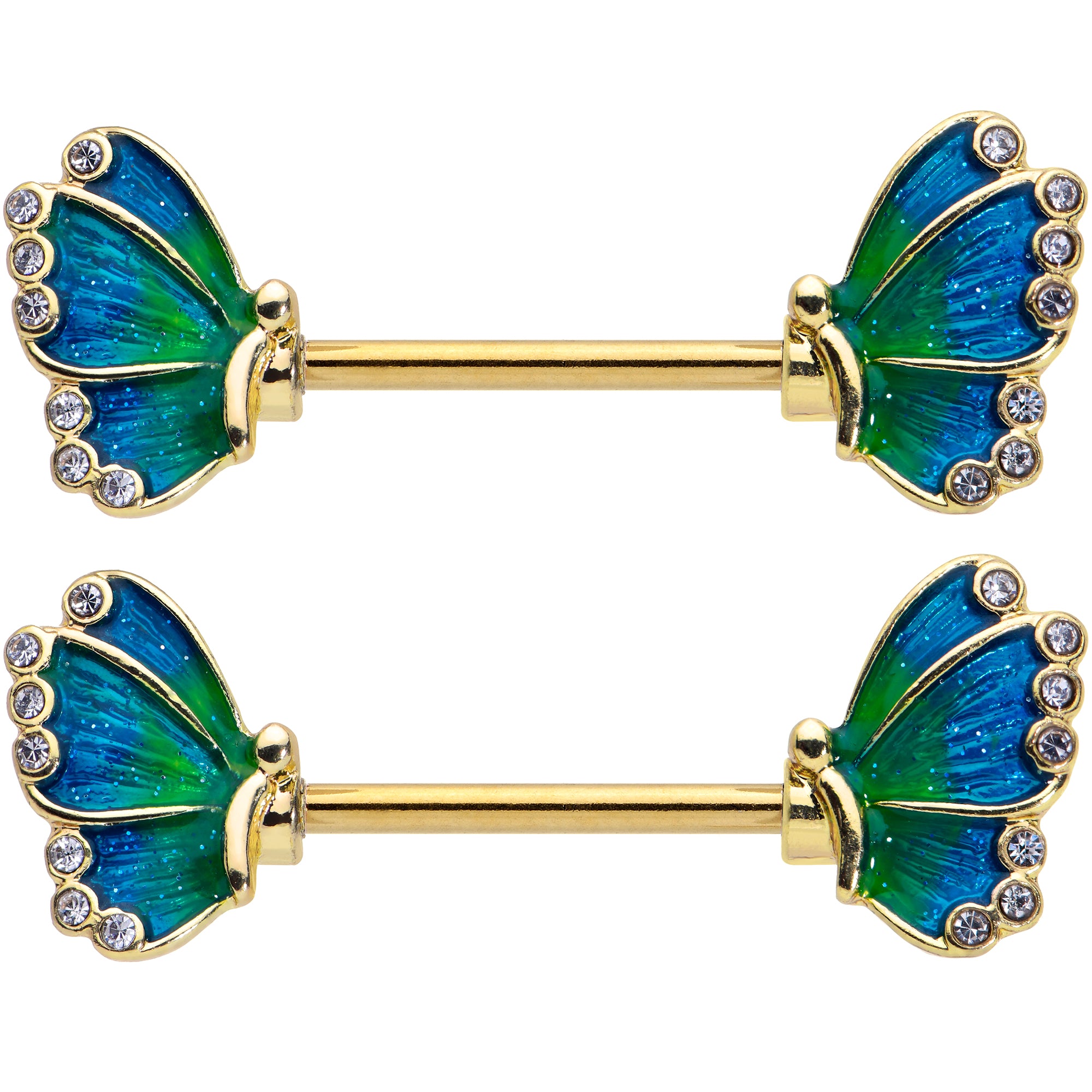 14 Gauge 9/16 Clear Gem Gold Tone Blues Butterfly Nipple Ring Set