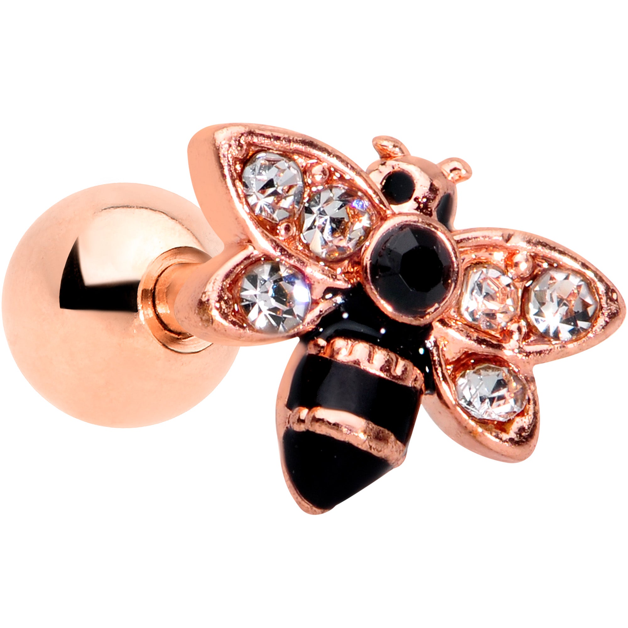 16 Gauge 1/4 Clear Black Gem Rose Gold Tone Bee Cartilage Tragus