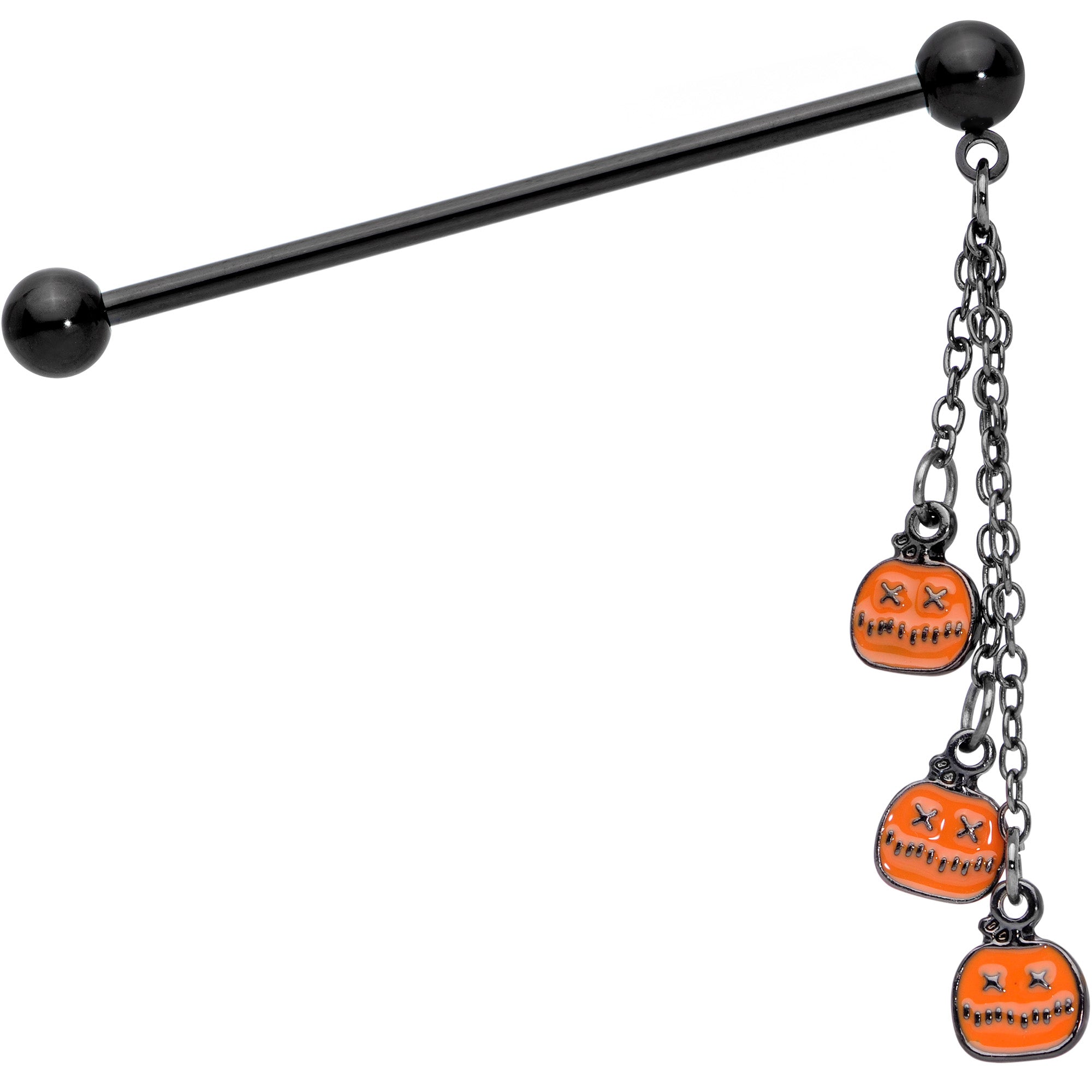 14 Gauge Black Halloween Pumpkin Chain Dangle Industrial Barbell 38mm