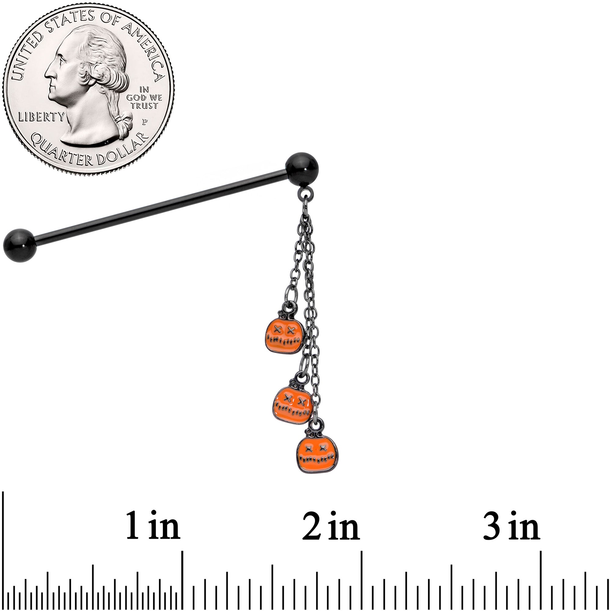 14 Gauge Black Halloween Pumpkin Chain Dangle Industrial Barbell 38mm