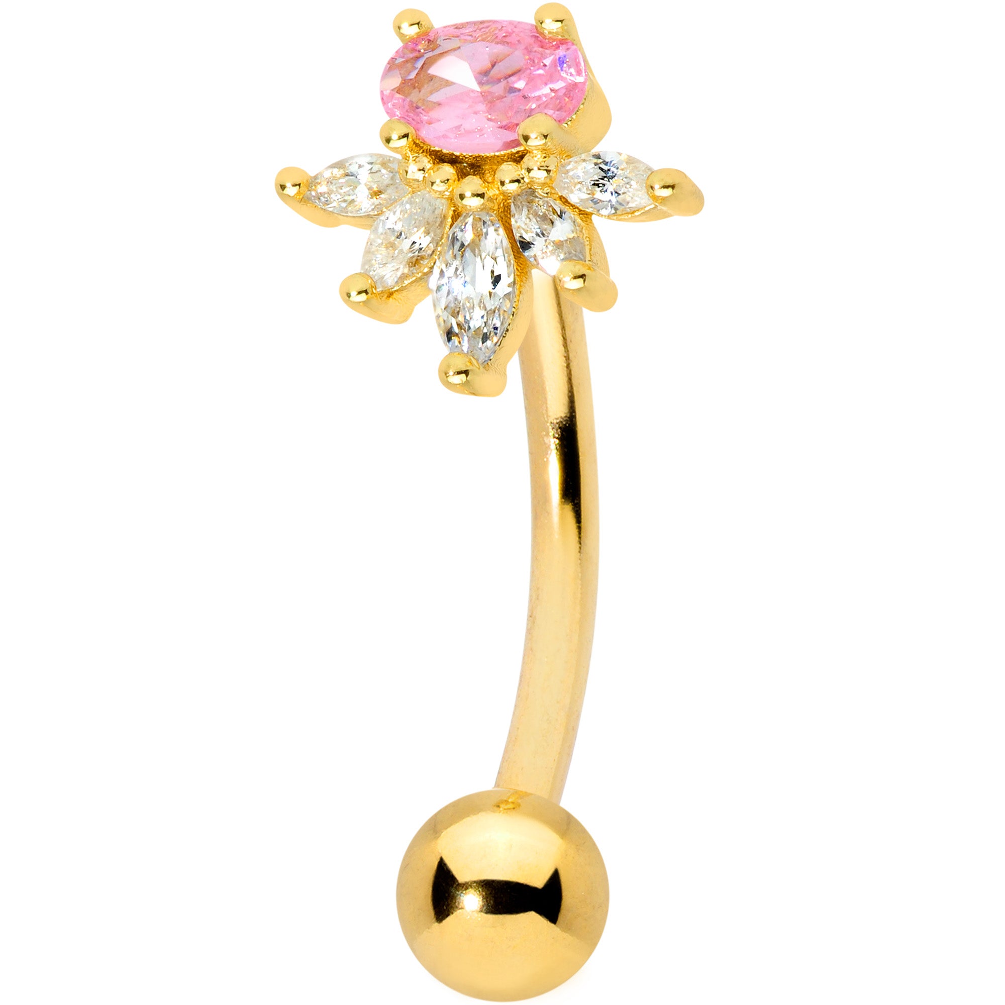 Clear Pink Gem Gold Tone Spray Belly Ring