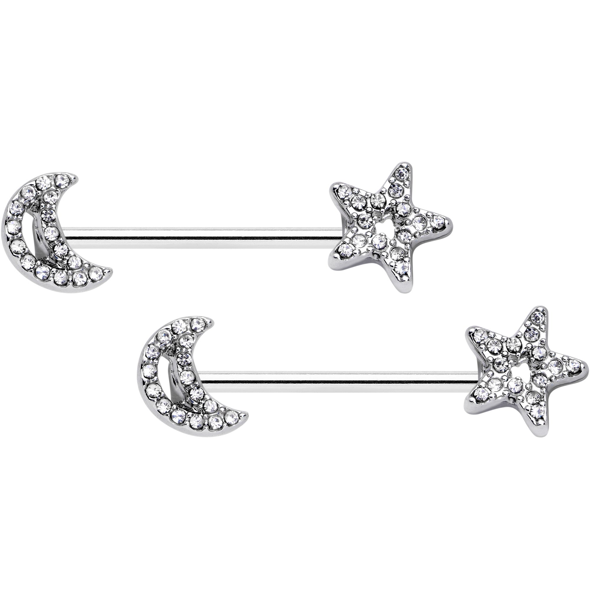 14 Gauge 5/8 Clear CZ Gem Moon Star Barbell Nipple Ring Set