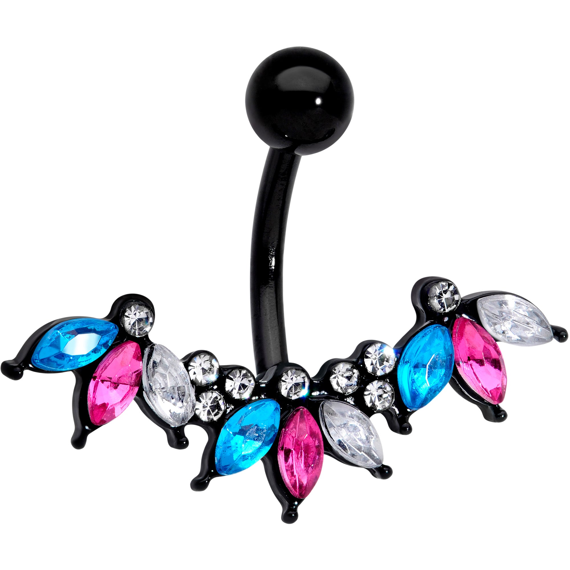 Clear Aqua Pink Gem Black Clusters Belly Ring