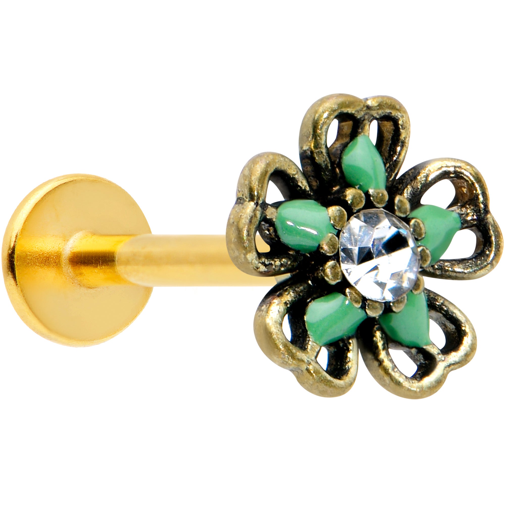 16 Gauge 5/16 Clear Gem Gold Tone Green Flower Labret Monroe Tragus