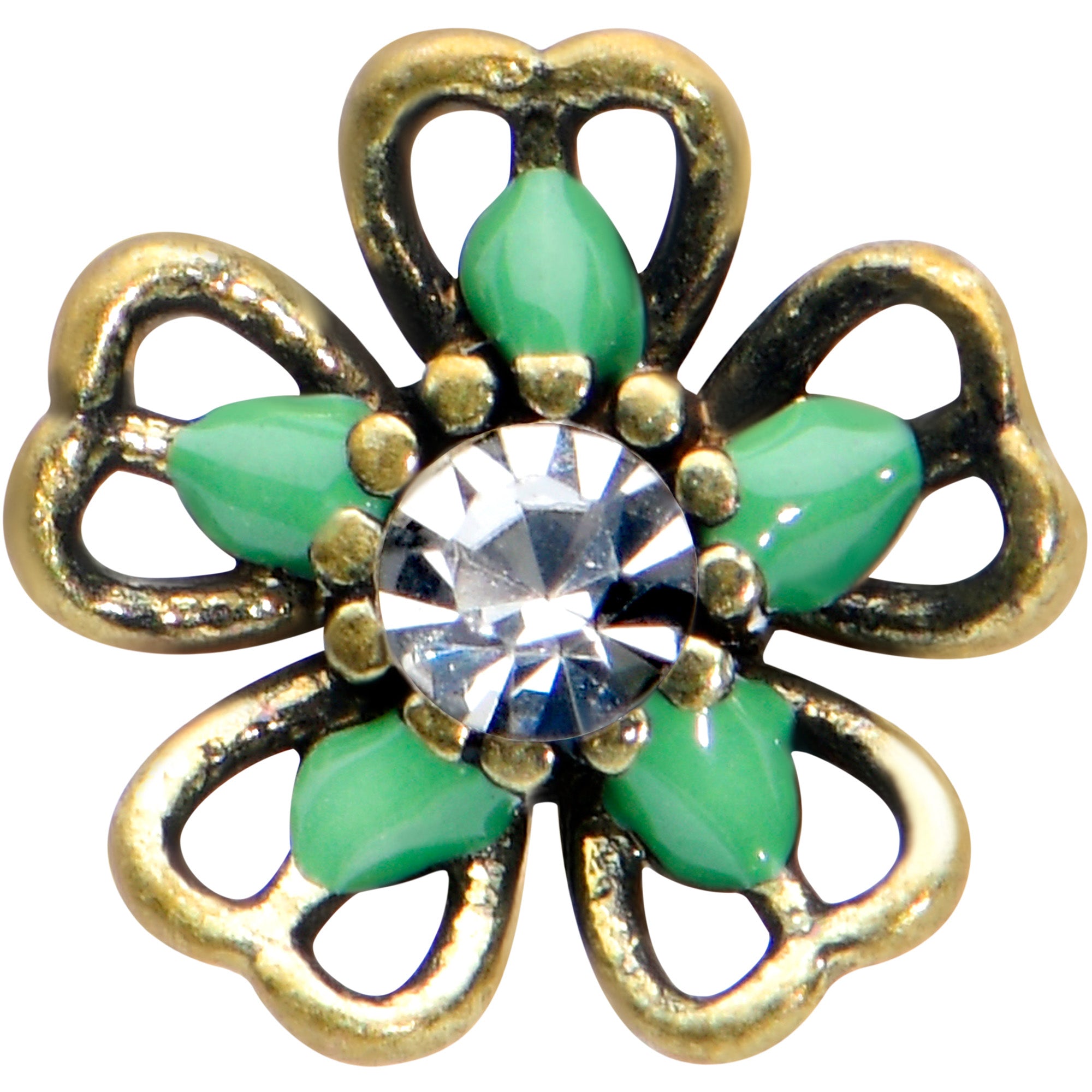 16 Gauge 5/16 Clear Gem Gold Tone Green Flower Labret Monroe Tragus