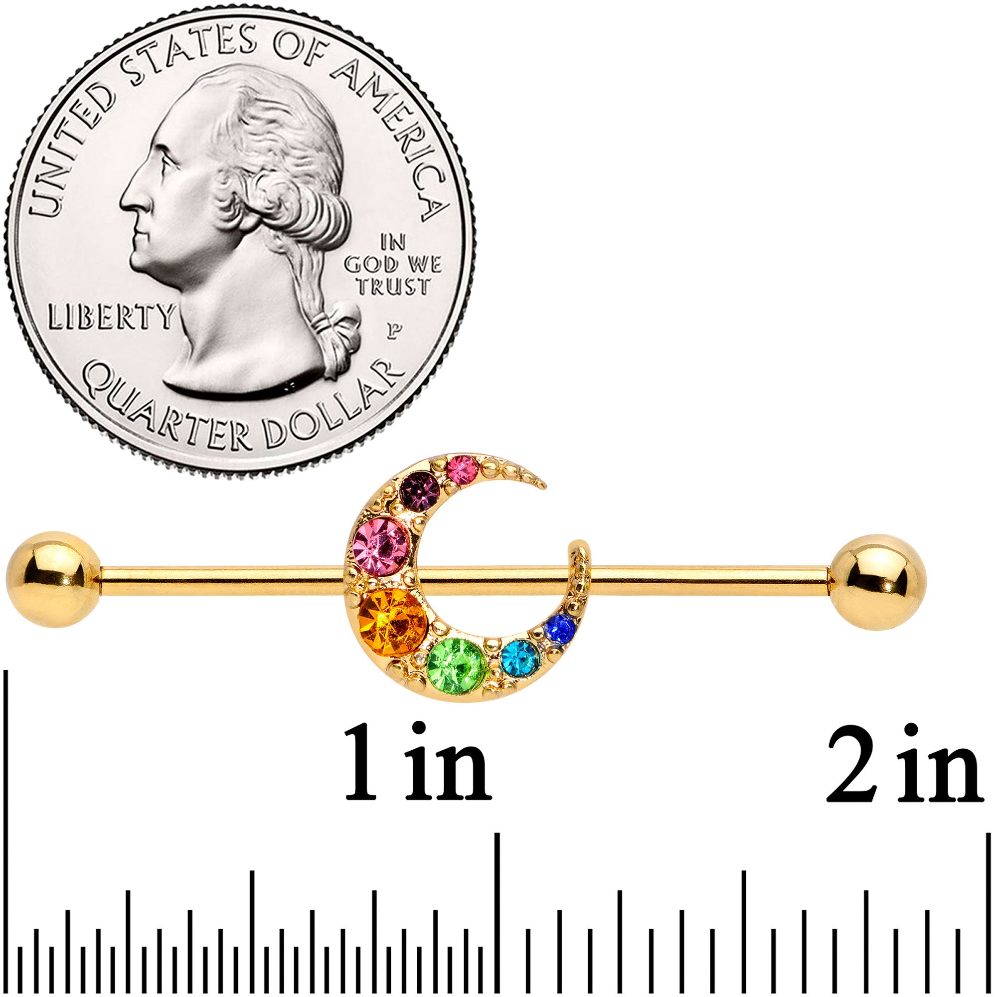 14 Gauge Rainbow Gem Gold Tone Crescent Moon Industrial Barbell 38mm