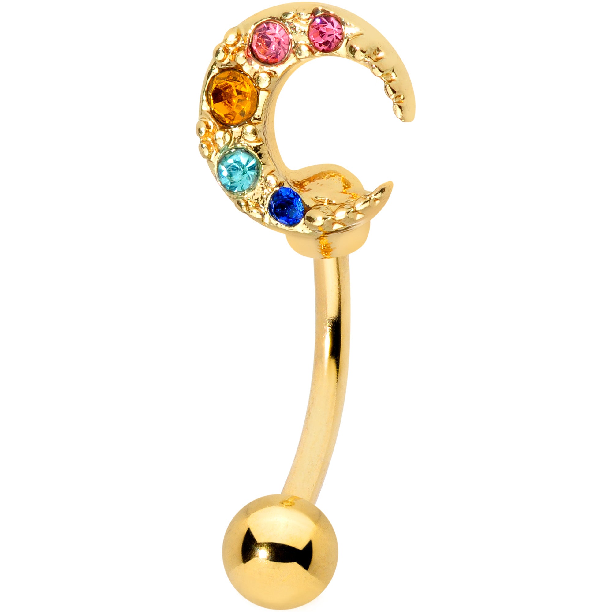 16 Gauge 5/16 Rainbow Gem Gold Tone Crescent Moon Curved Eyebrow Ring