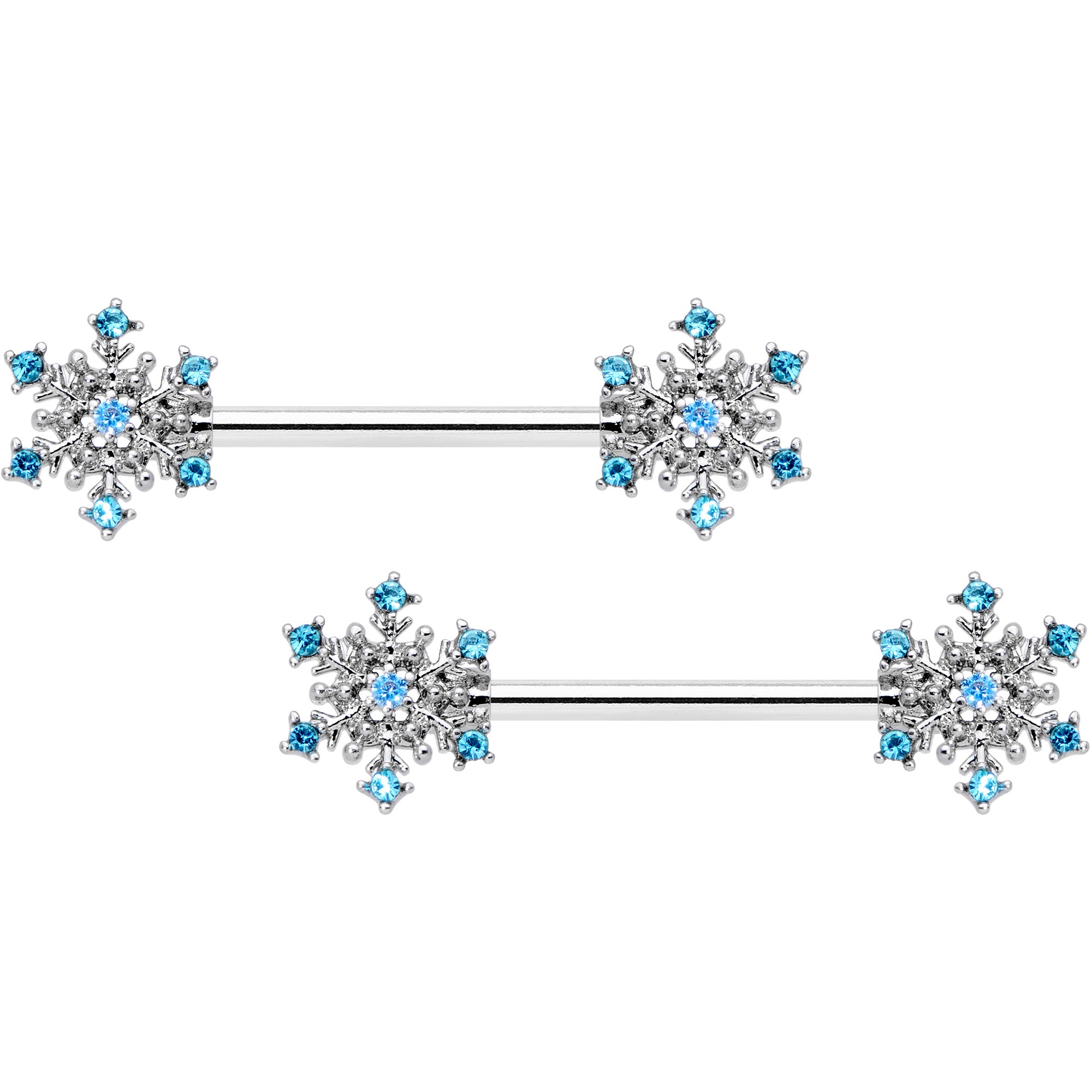 14 Gauge 9/16 Aqua Gem Snowflake Christmas Barbell Nipple Ring Set