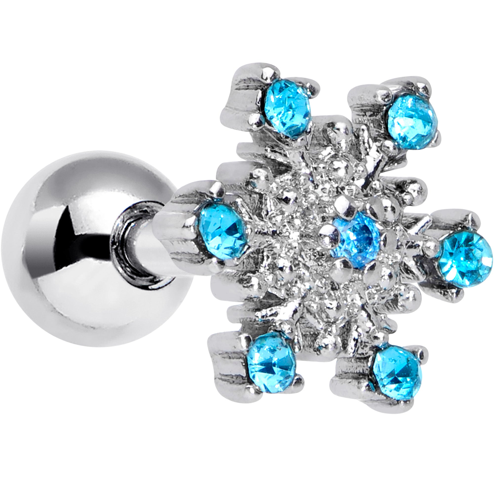 16 Gauge 1/4 Aqua Gem Snowflake Christmas Cartilage Tragus Earring