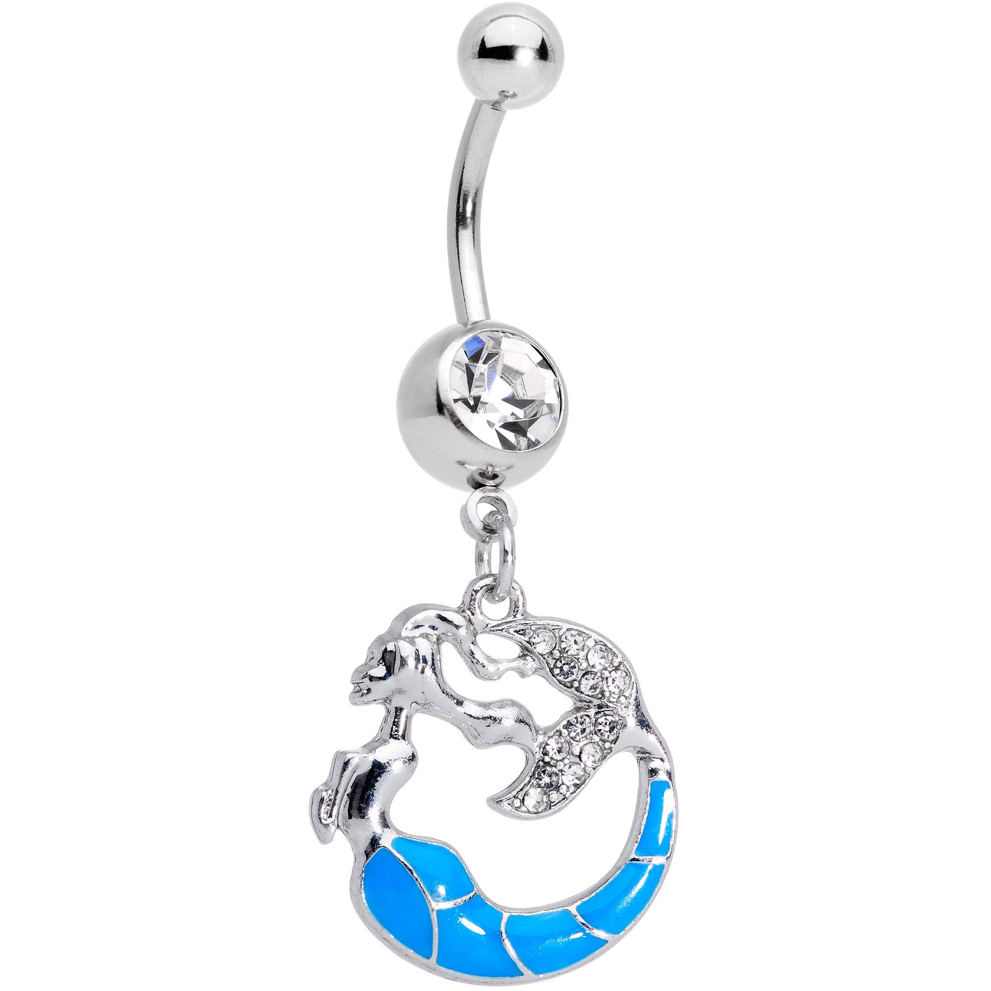 Clear Gem Blue Curved Mermaid Dangle Belly Ring