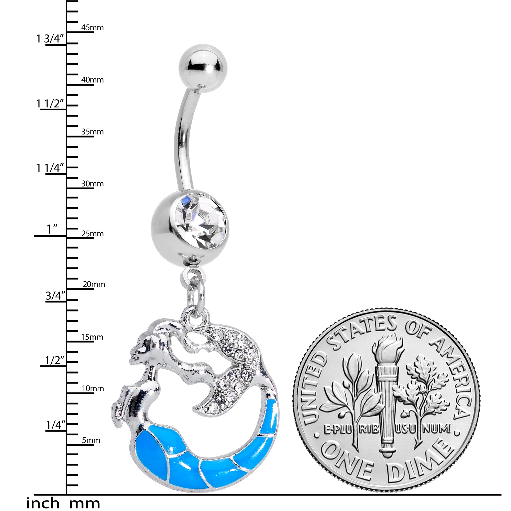 Clear Gem Blue Curved Mermaid Dangle Belly Ring