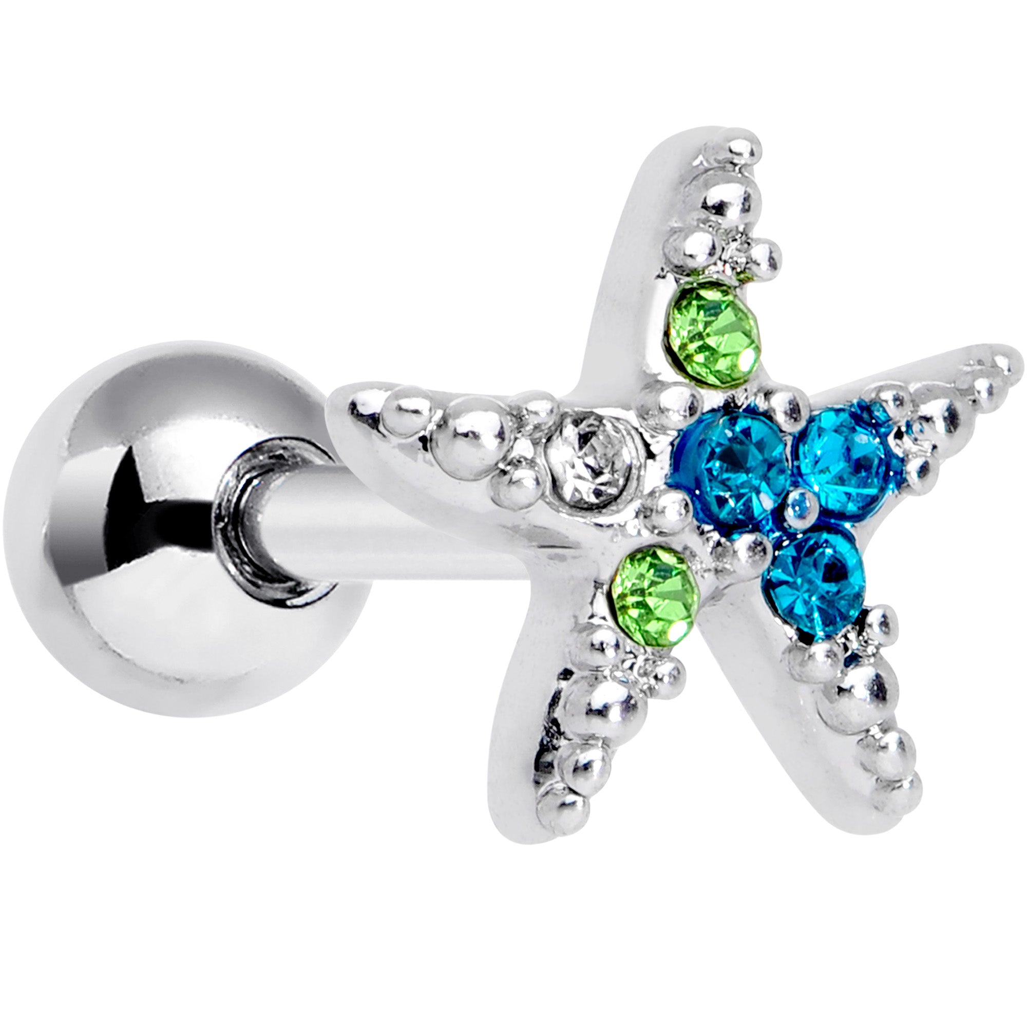 16 Gauge 1/4 Blue Green Gem Glam Starfish Cartilage Tragus