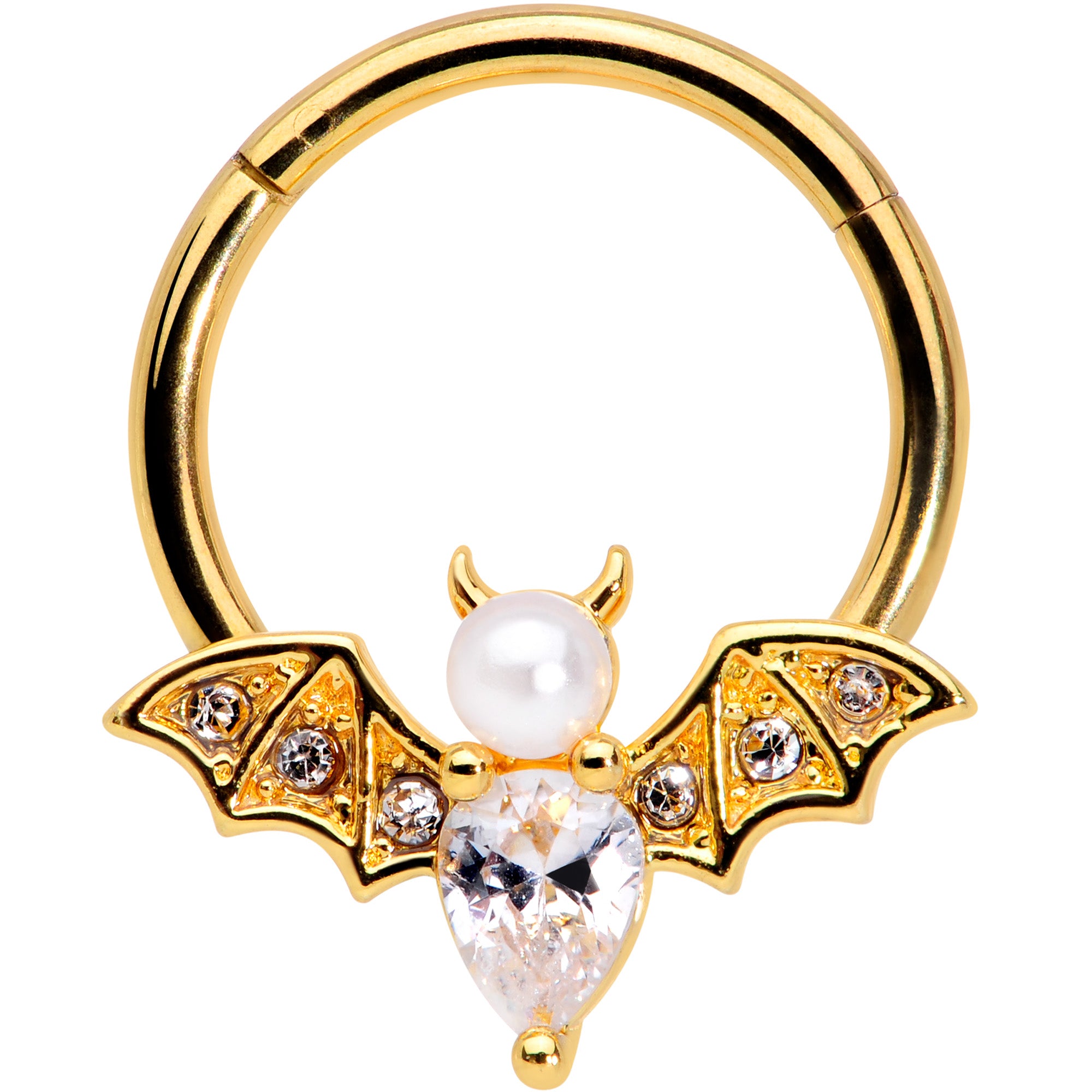 16 Gauge 3/8 Clear Gem Gold Tone Bat Halloween Hinged Segment Ring