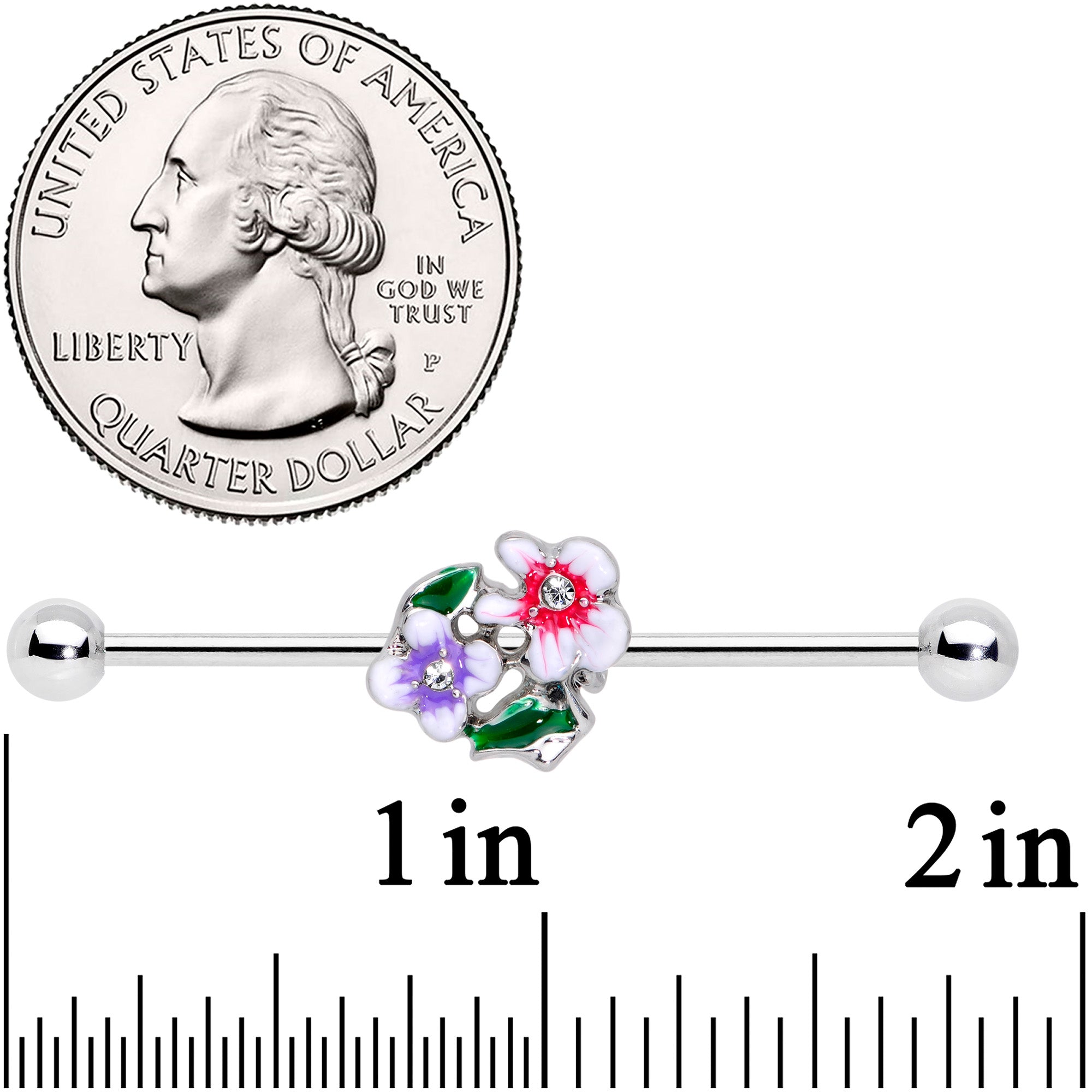 14 Gauge Clear Gem Fanciful Flowers Industrial Barbell 38mm