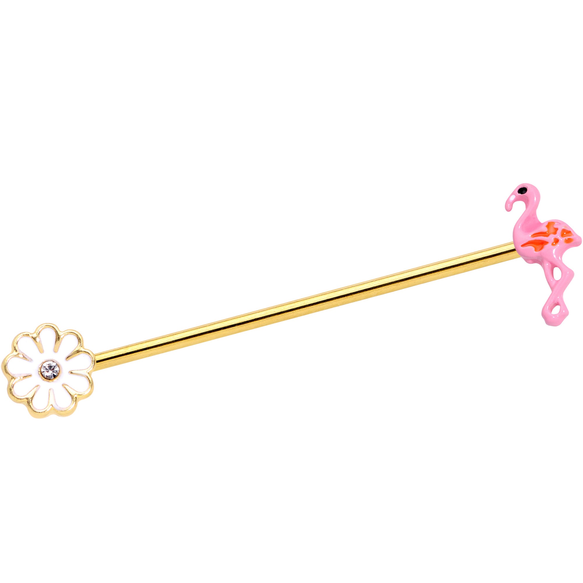 14 Gauge Clear Gem Gold Hue Flower Flamingo Industrial Barbell 38mm