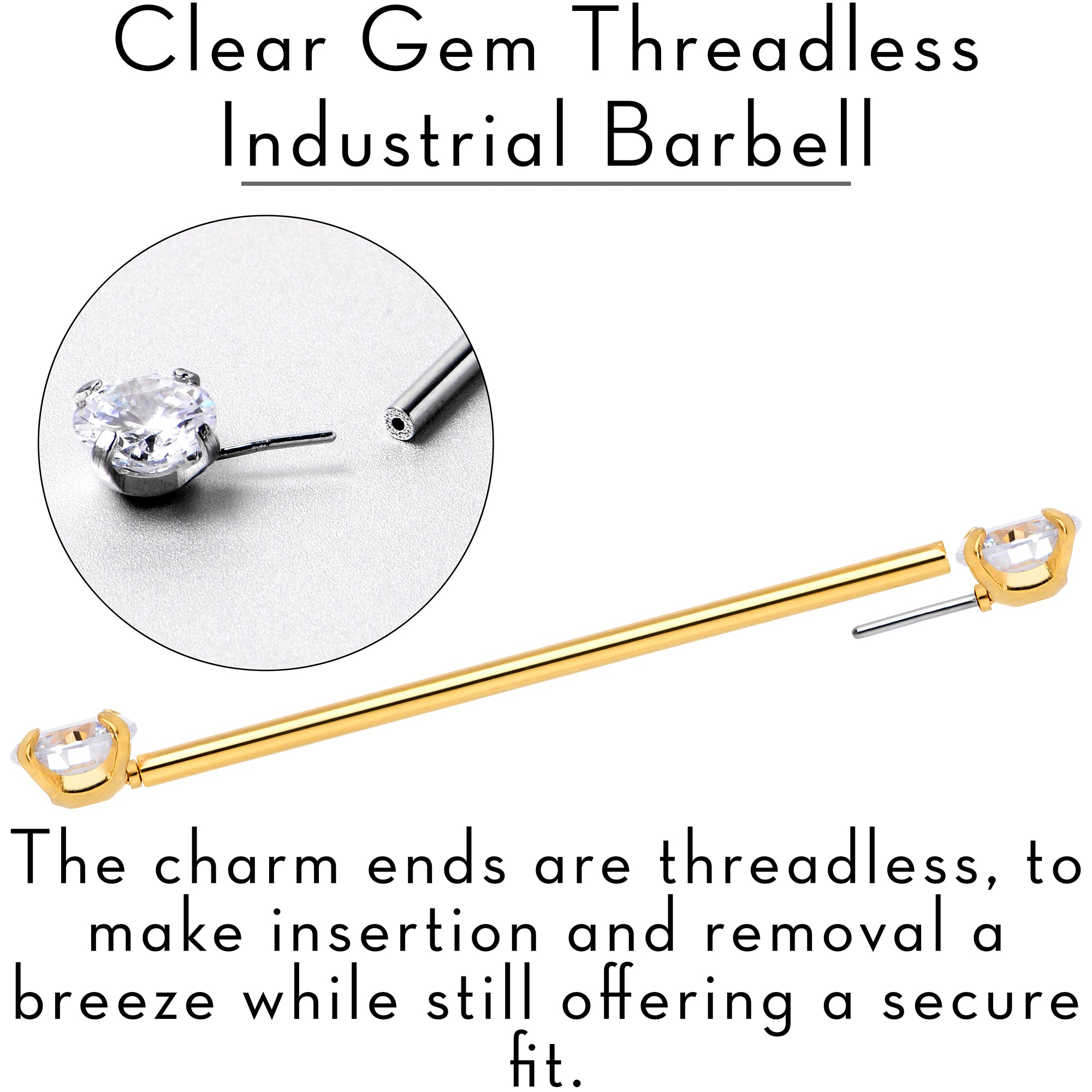 14 Gauge Clear CZ Gem Gold Tone Threadless Industrial Barbell 38mm