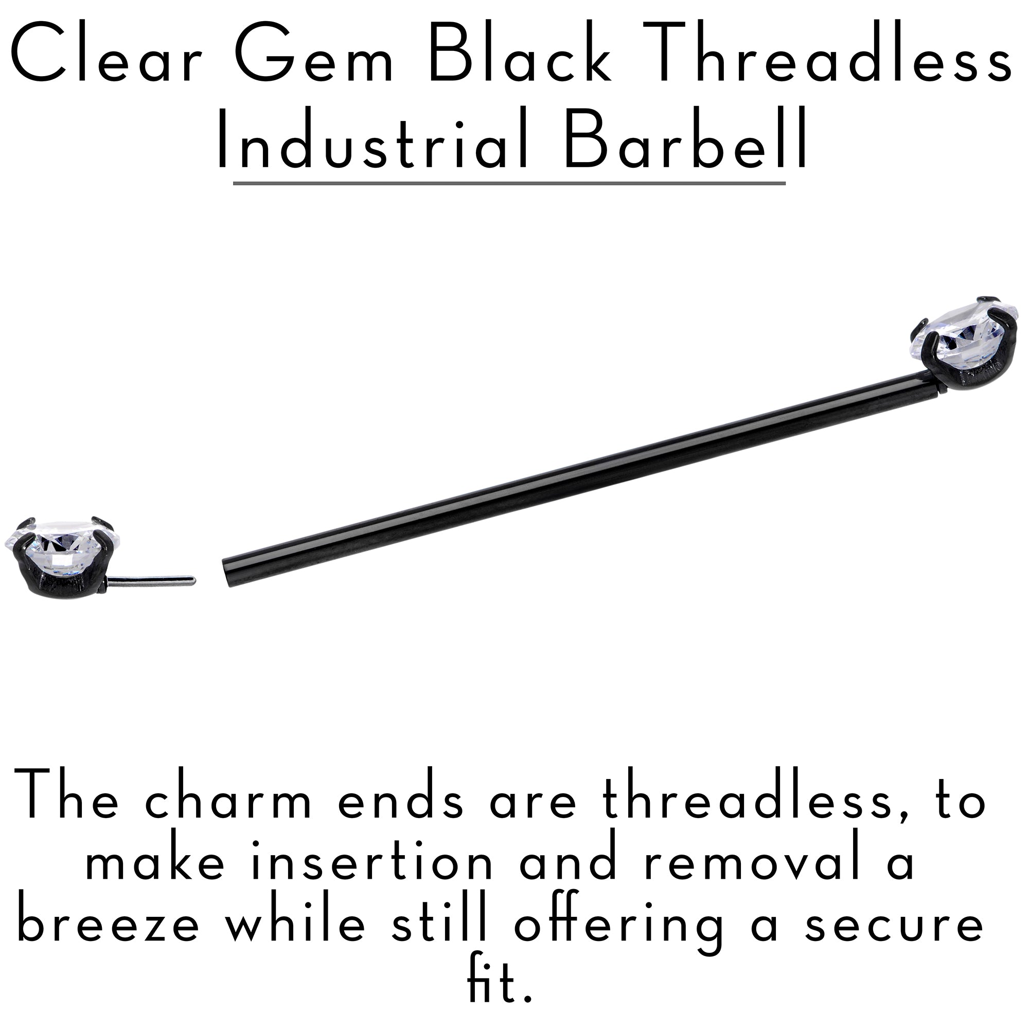 14 Gauge Clear CZ Gem Black Threadless Industrial Barbell 38mm