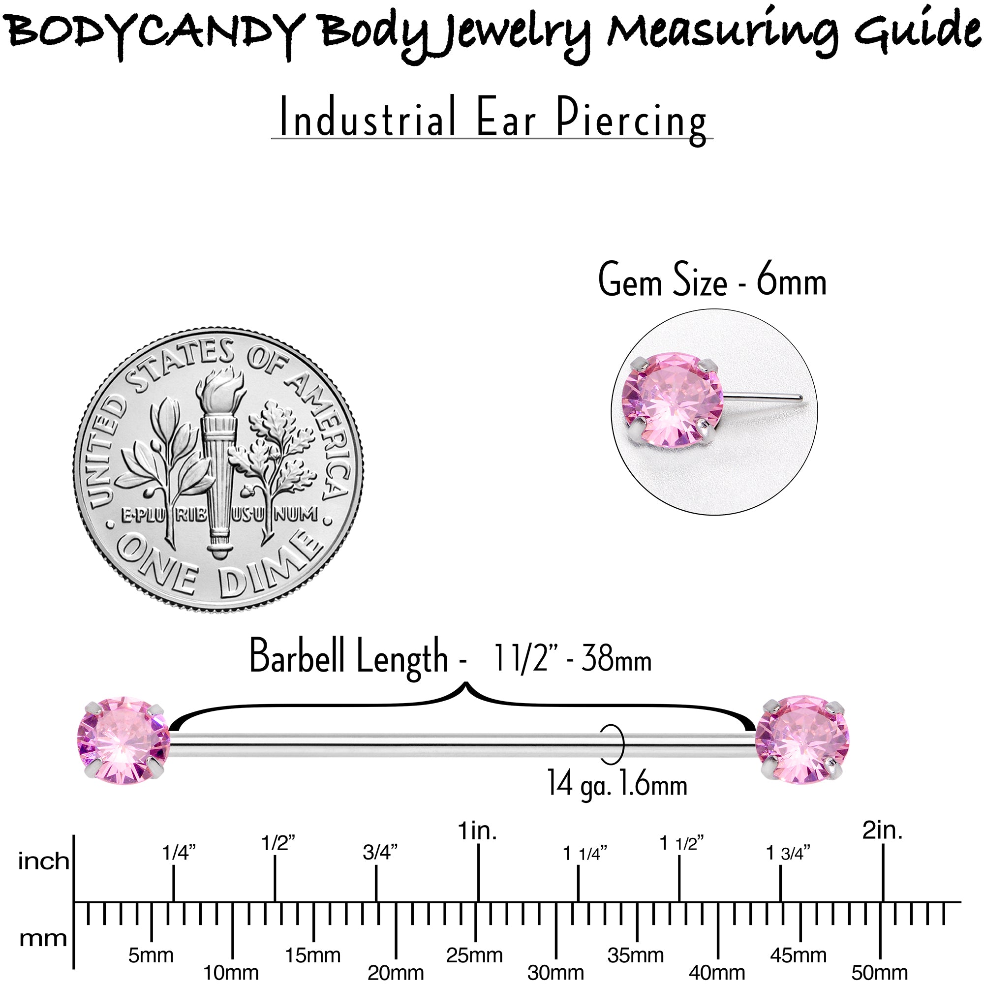 14 Gauge Pink CZ Gem Threadless Industrial Barbell 38mm