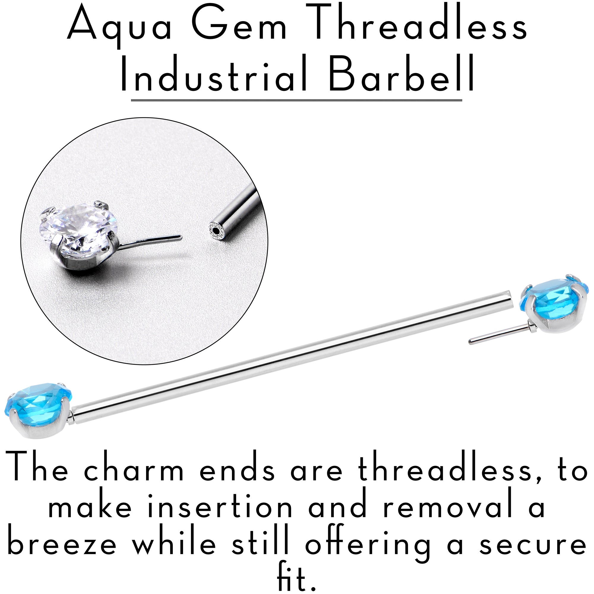 14 Gauge Aqua CZ Gem Threadless Industrial Barbell 38mm