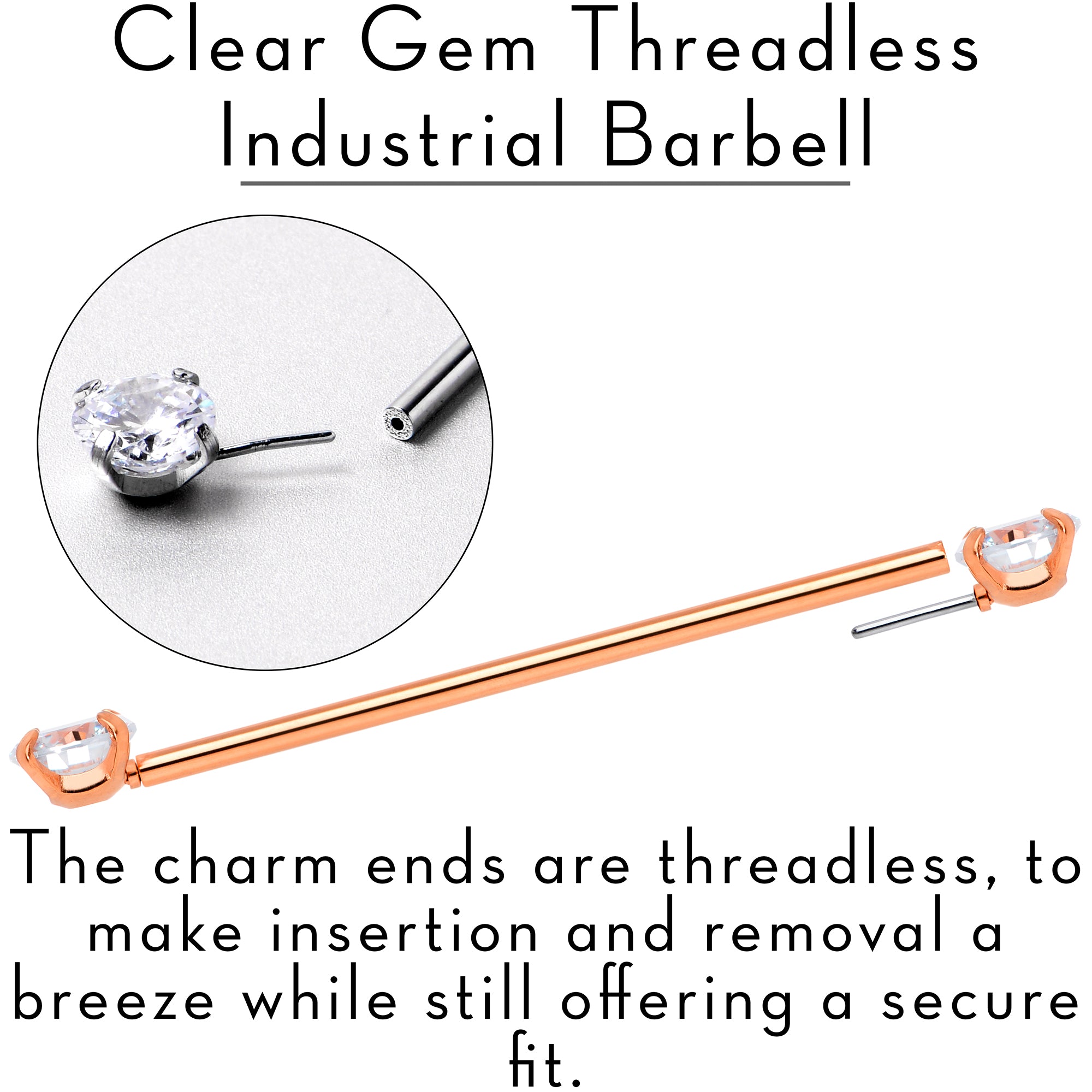 14 Gauge Clear CZ Gem Rose Gold Tone Threadless Industrial Barbell 38mm