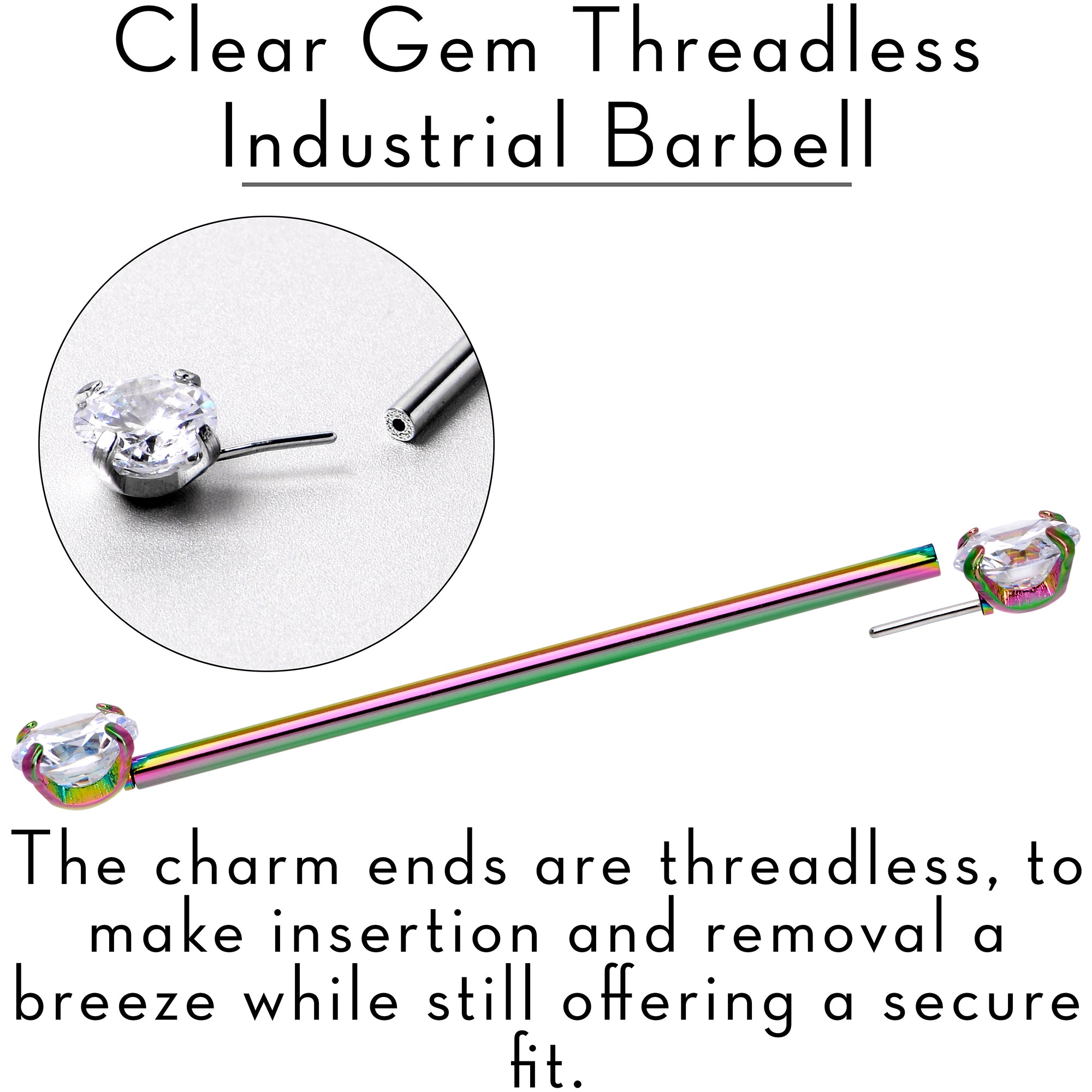 14 Gauge Clear CZ Gem Rainbow Threadless Industrial Barbell 38mm