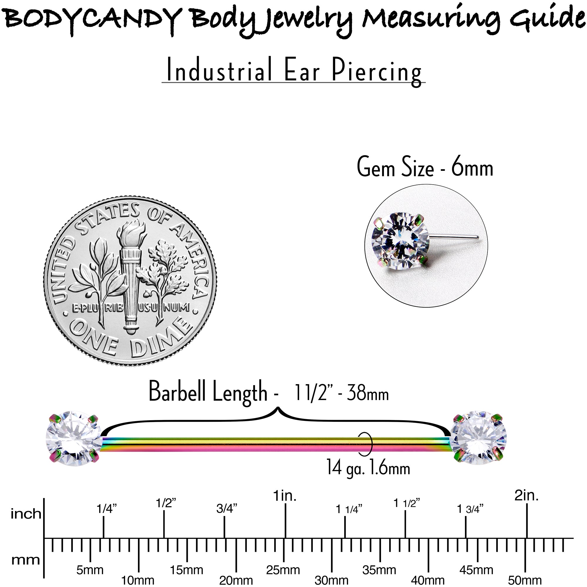 14 Gauge Clear CZ Gem Rainbow Threadless Industrial Barbell 38mm