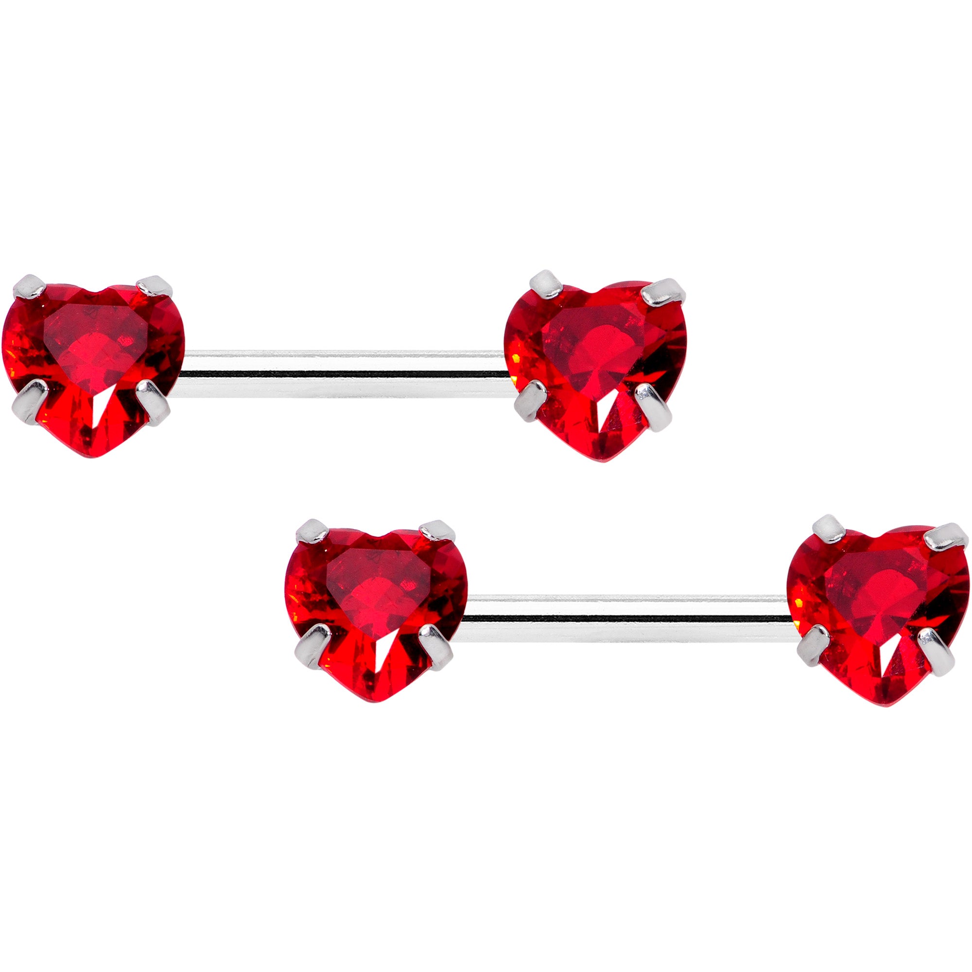 14 Gauge 1/2 Red CZ Gem Heart Threadless Barbell Nipple Ring Set