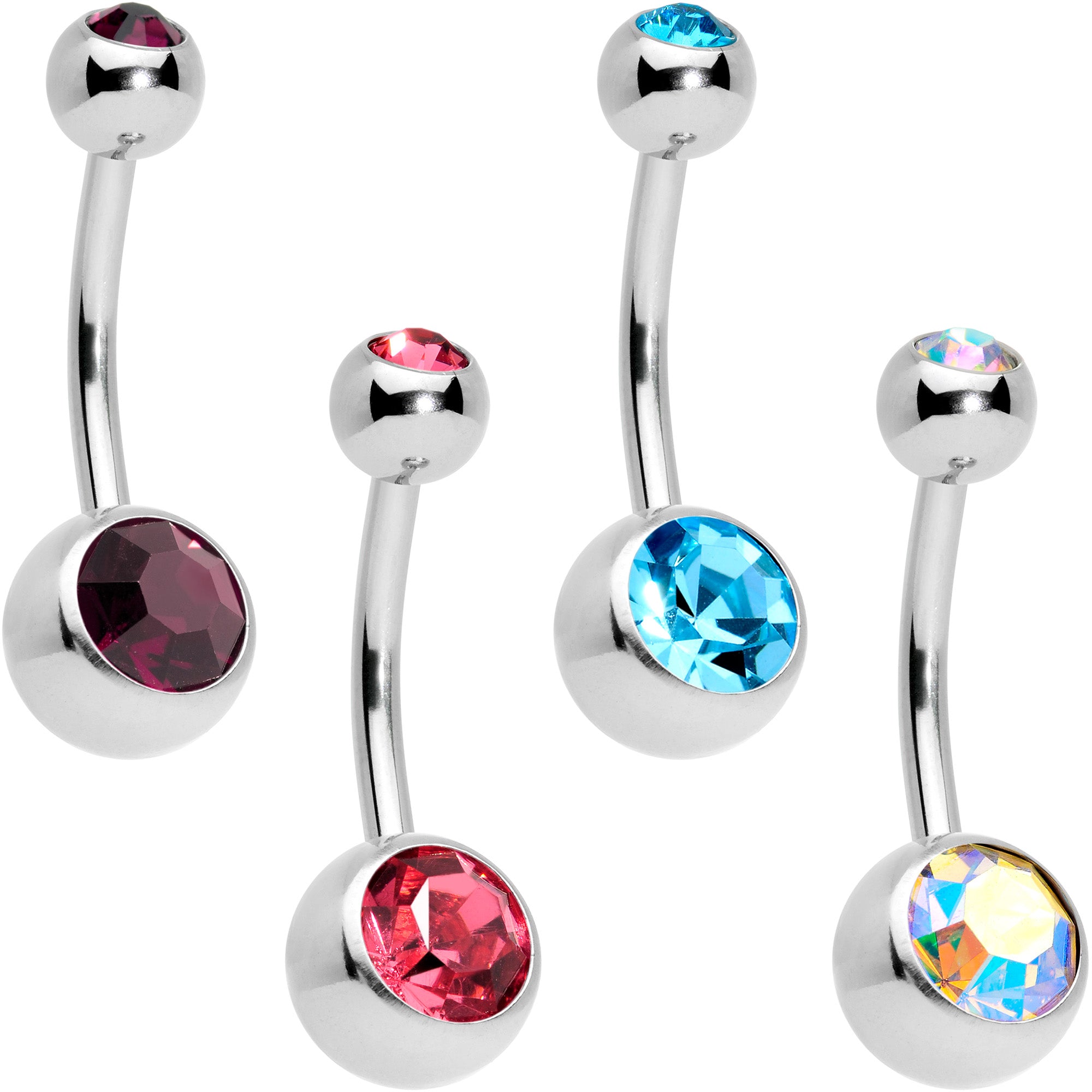 Red Blue Pink CZ Gem Internally Threaded Simple Belly Ring Set of 4