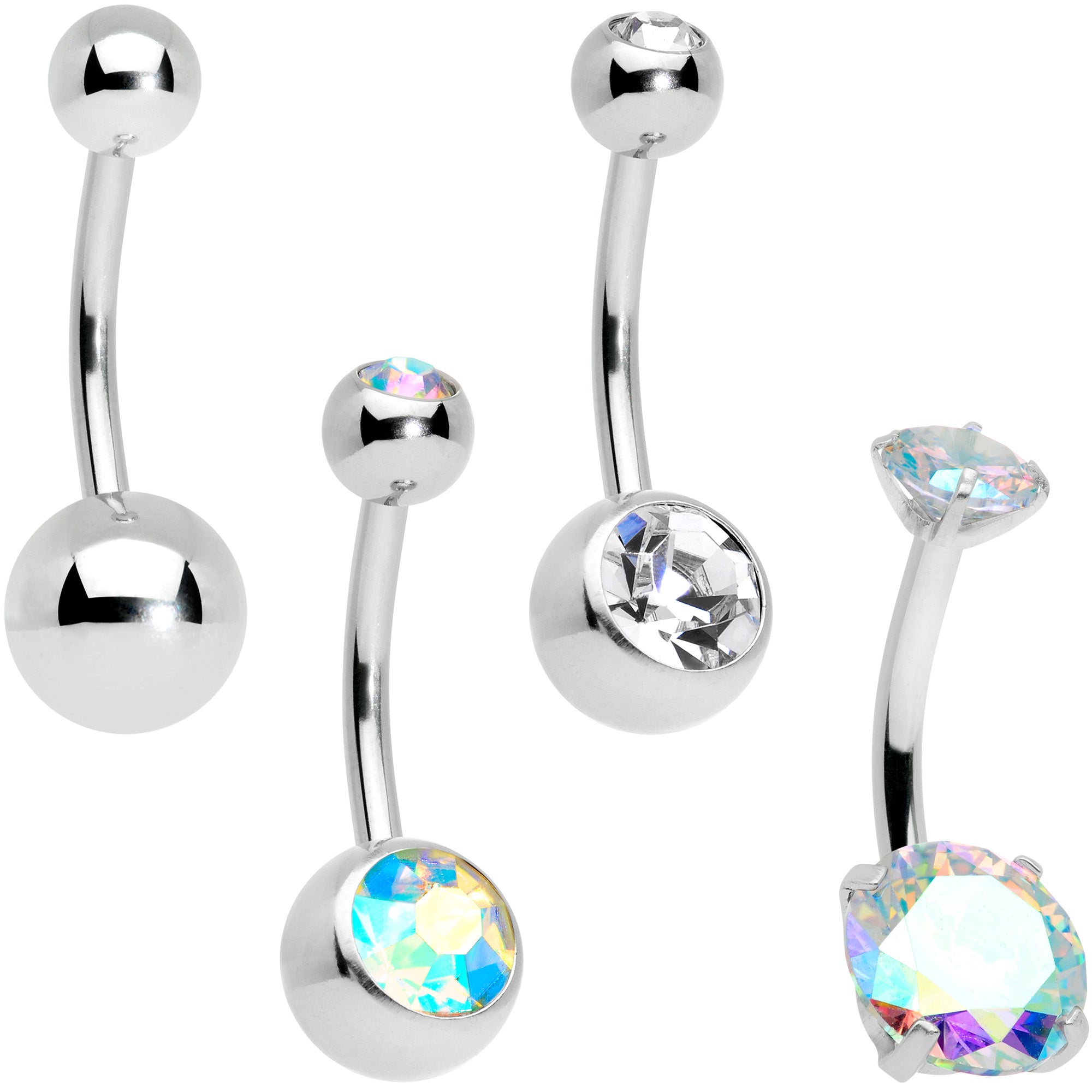 Clear Aurora Gem Internally Threaded Simple Belly Ring Set of 4