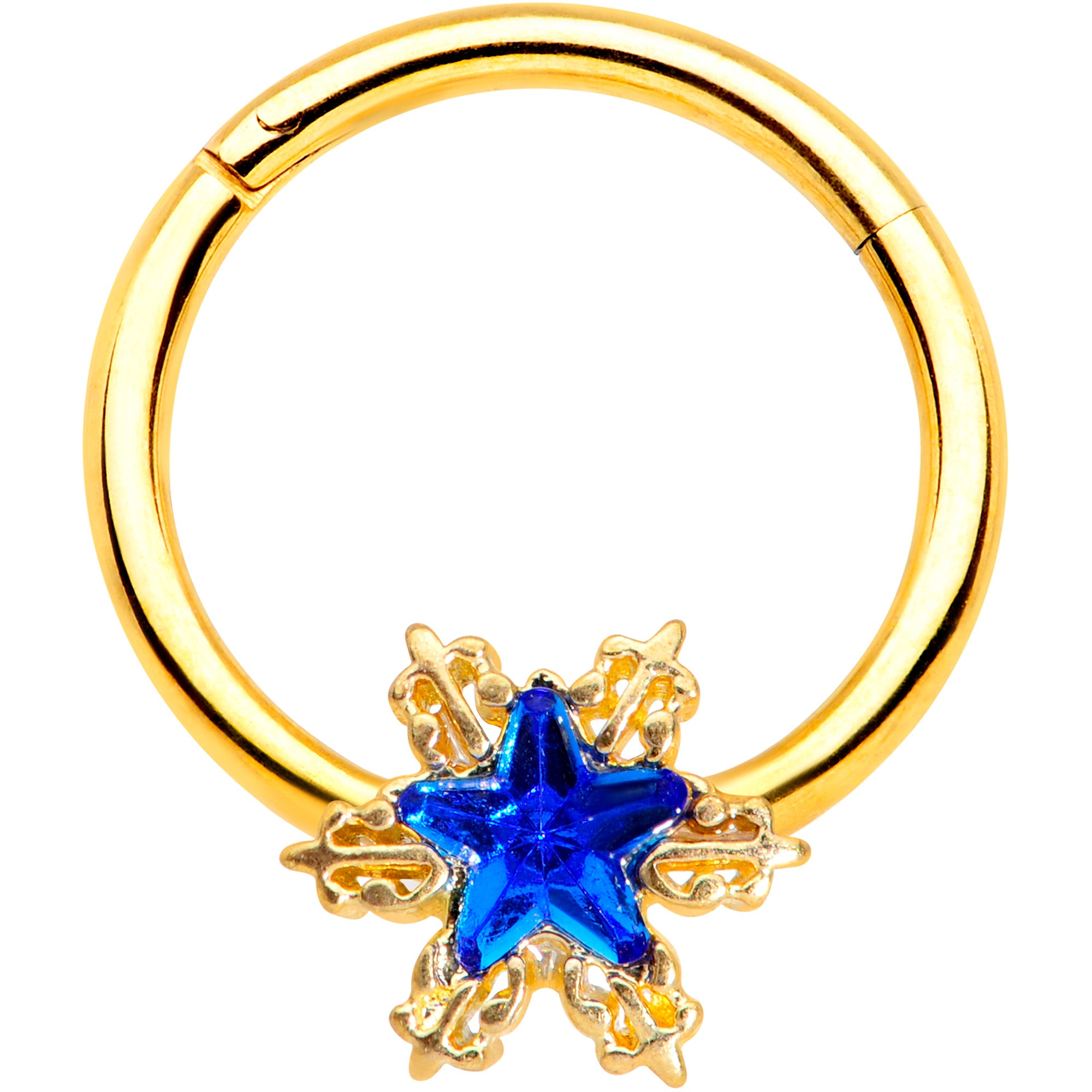 16 Gauge 3/8 Blue Gem Gold Tone Star Hinged Segment Ring